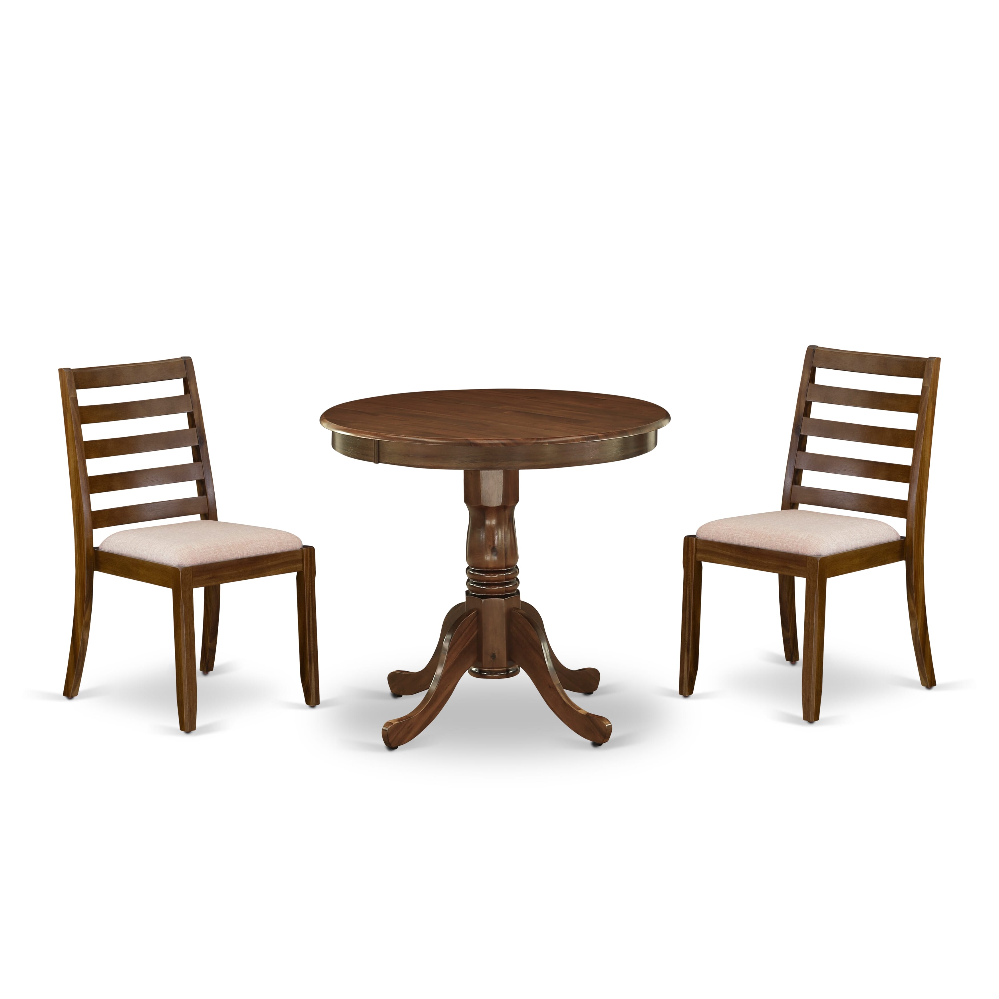 East West Furniture ANX13-AWA-04 -3 Piece Dining Set Includes a Round Table and 2 Stackable Linen Fabric Chairs, Antique Walnut