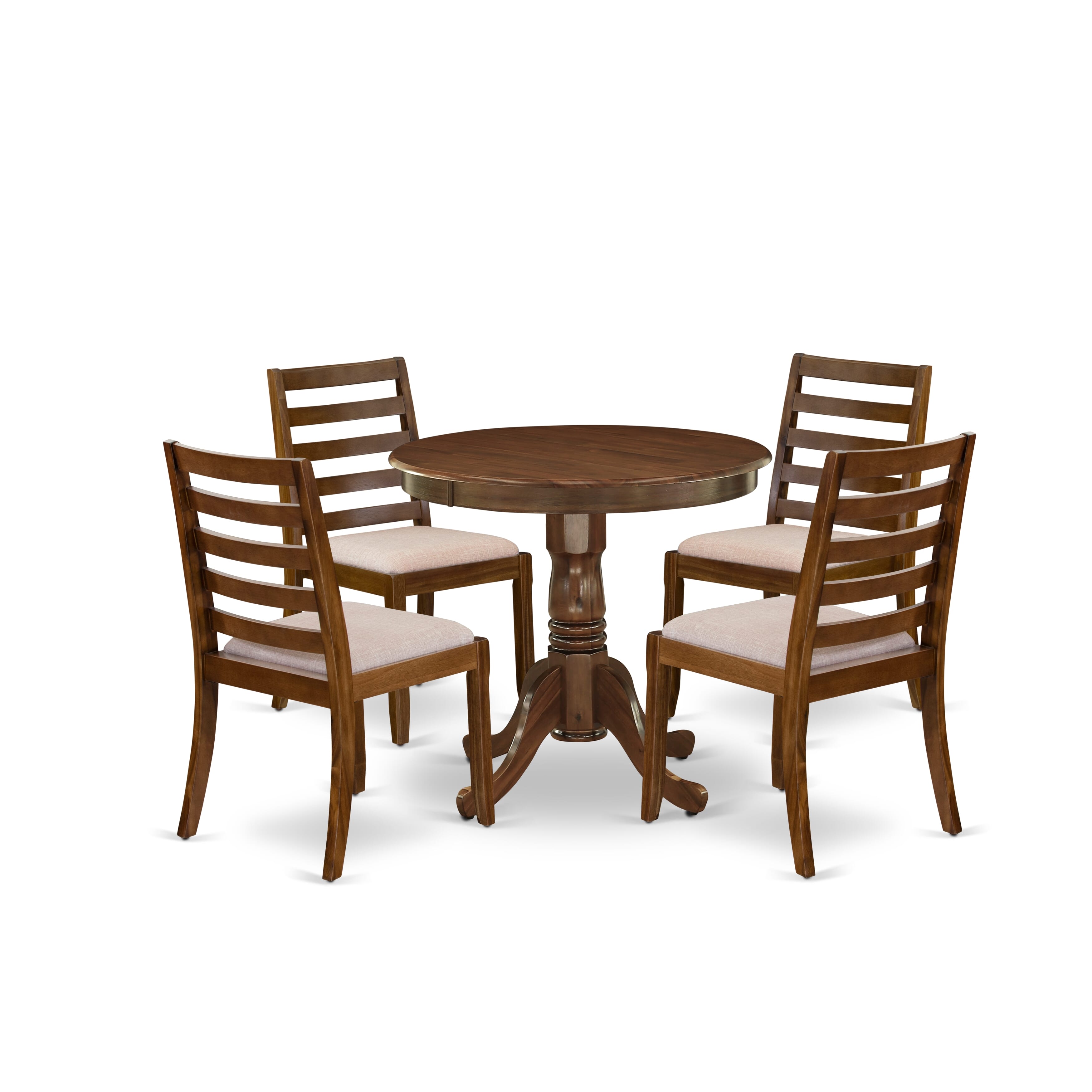 East West Furniture ANX15-AWA-04 -5 Piece Dining Set Includes a Round Table and 4 Stackable Linen Fabric Chairs, Antique Walnut