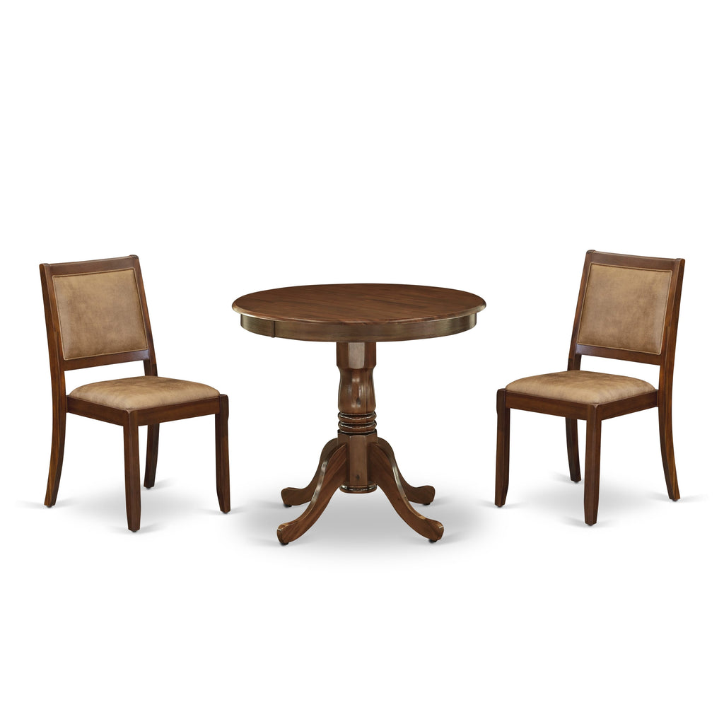 East West Furniture ANX23-AWA-28 -3 Piece Dining Set Includes a Round Kitchen Table with Antique Walnut Tabletop and 2 Stackable Faux Leather Chairs