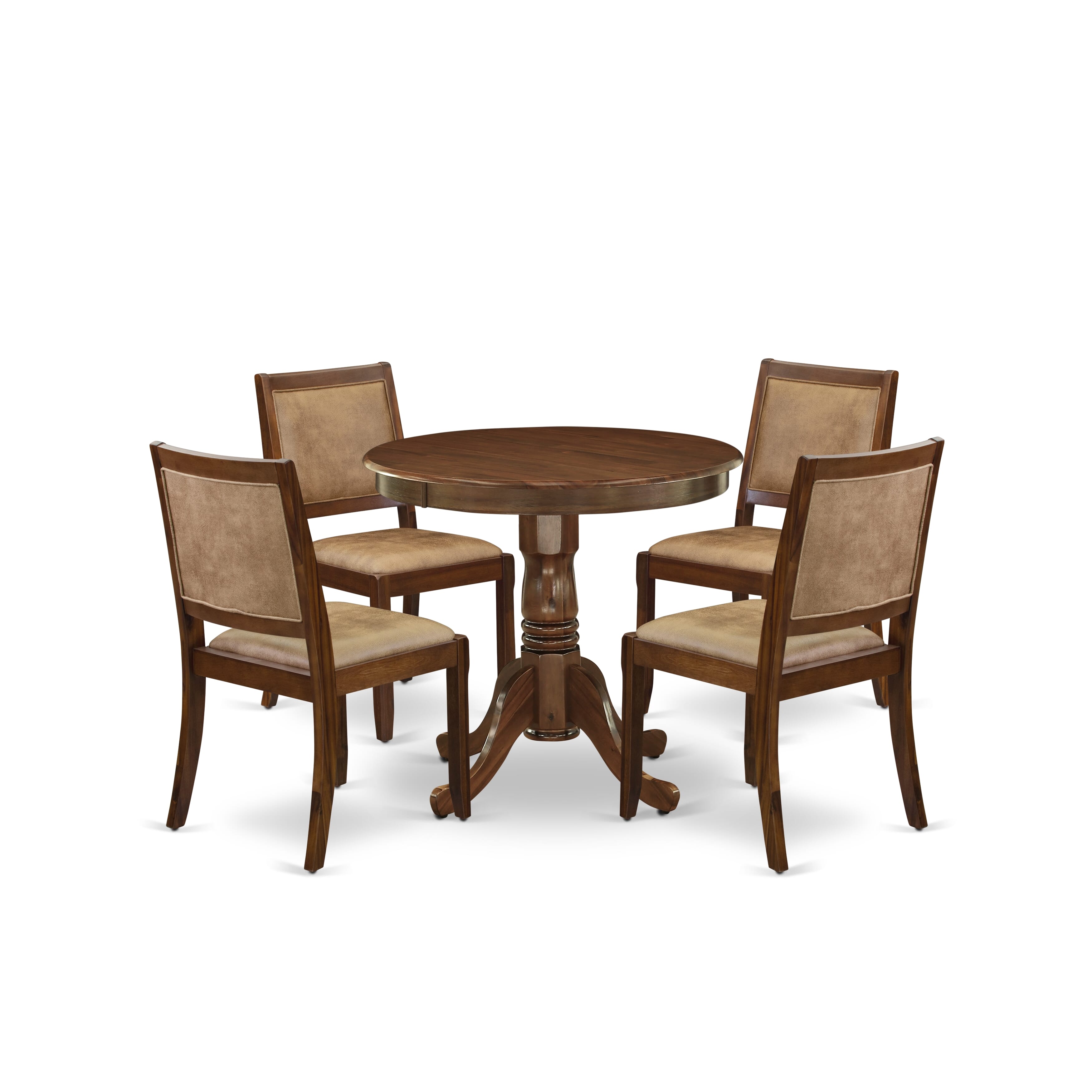East West Furniture ANX25-AWA-28 -5 Piece Dining Set Includes a Round Table and 4 Stackable Faux Leather Chairs, Antique Walnut