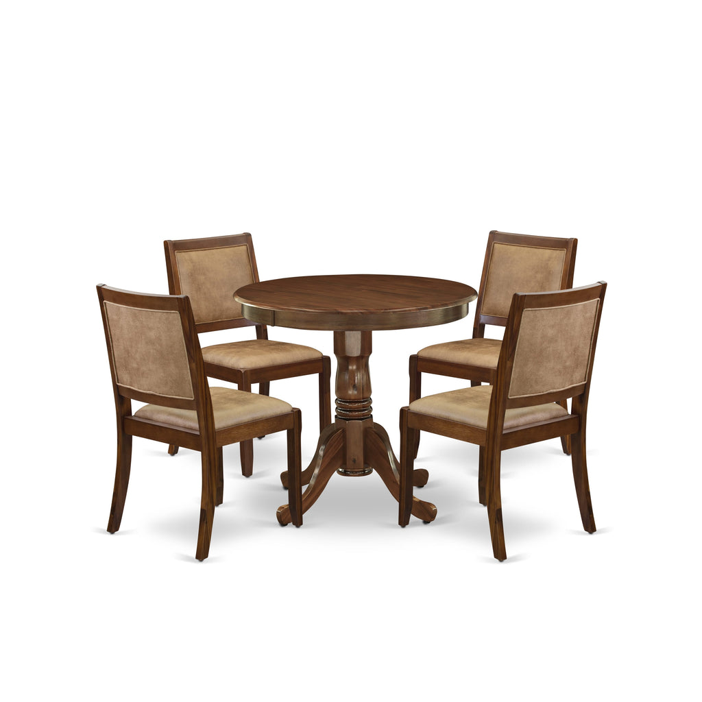East West Furniture ANX25-AWA-28 -5 Piece Dining Set Includes a Round Kitchen Table with Antique Walnut Tabletop and 4 Stackable Faux Leather Chairs