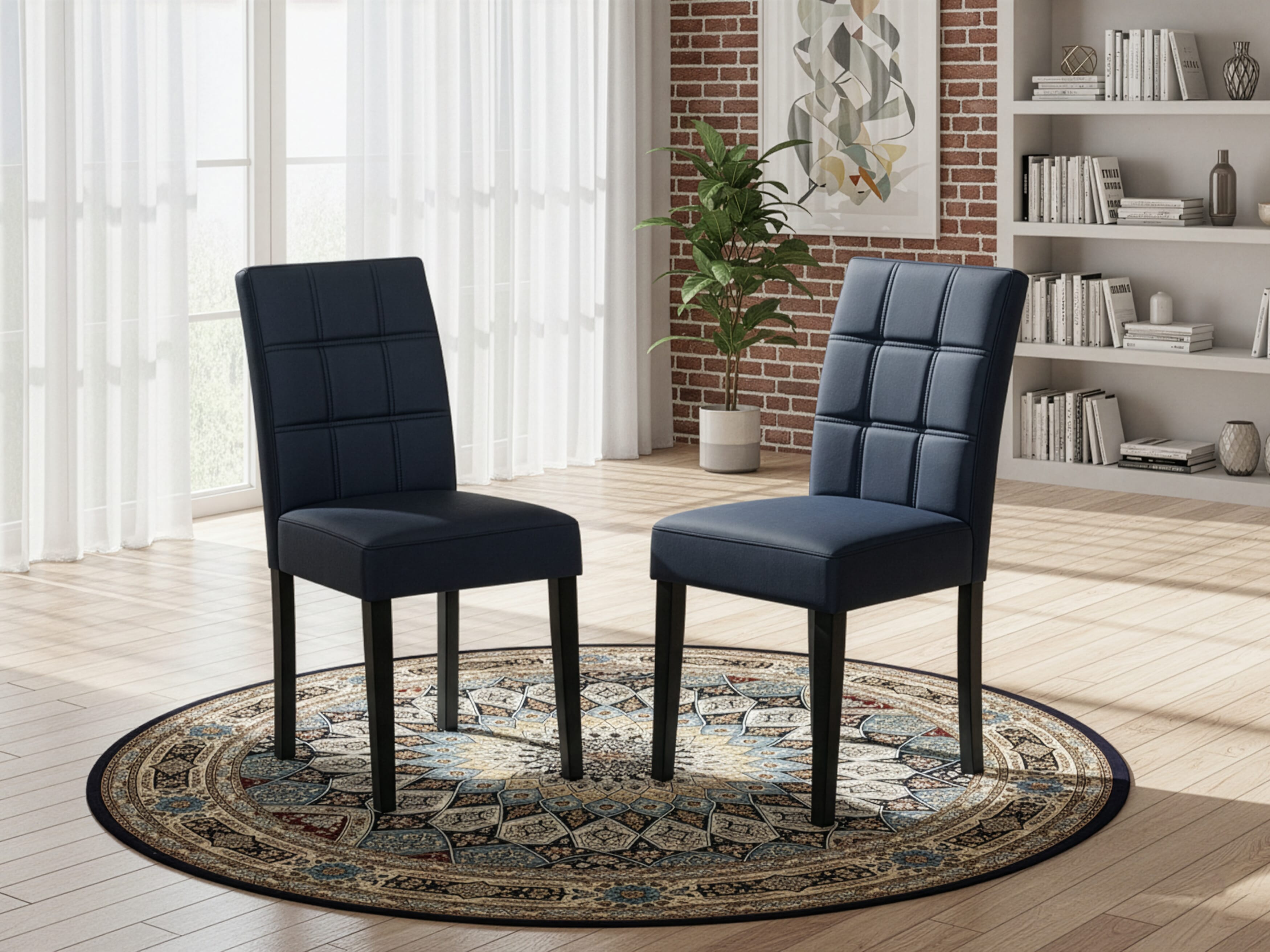 Luxe by East West Furniture 48AS3-109-09 3-Pc Dining Room Table Set Include a Table with Ebony Wave Marble Pattern Tabletop and 2 Dark Navy Blue Faux Leather Chairs, Black