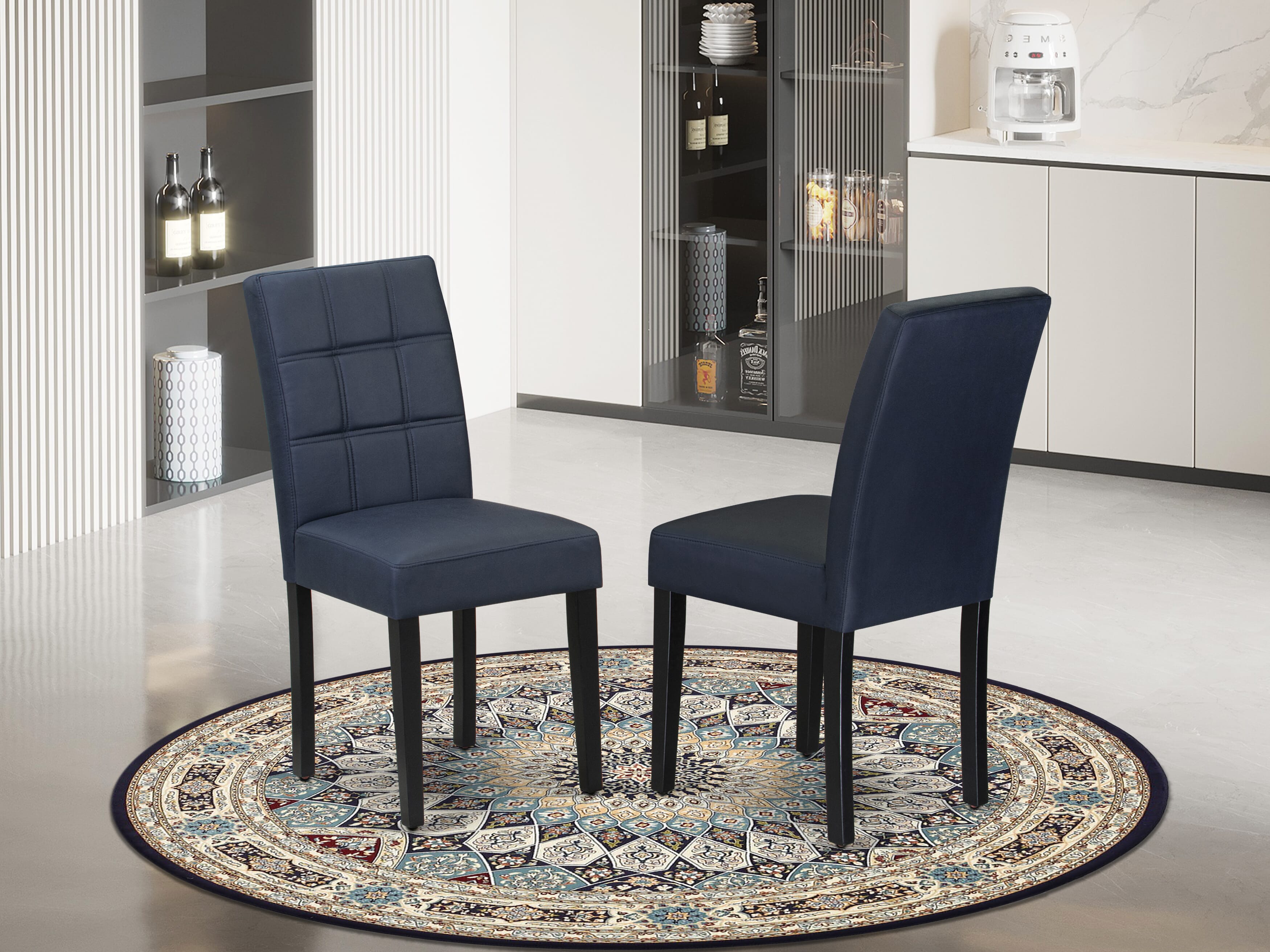 East West Furniture DLAS5-BLK-09 5 Piece Kitchen Table Set contain A Dining Table and 4 Dark Navy Blue Faux Leather Upholstered Dining Chairs with Stylish Back- Black Finish