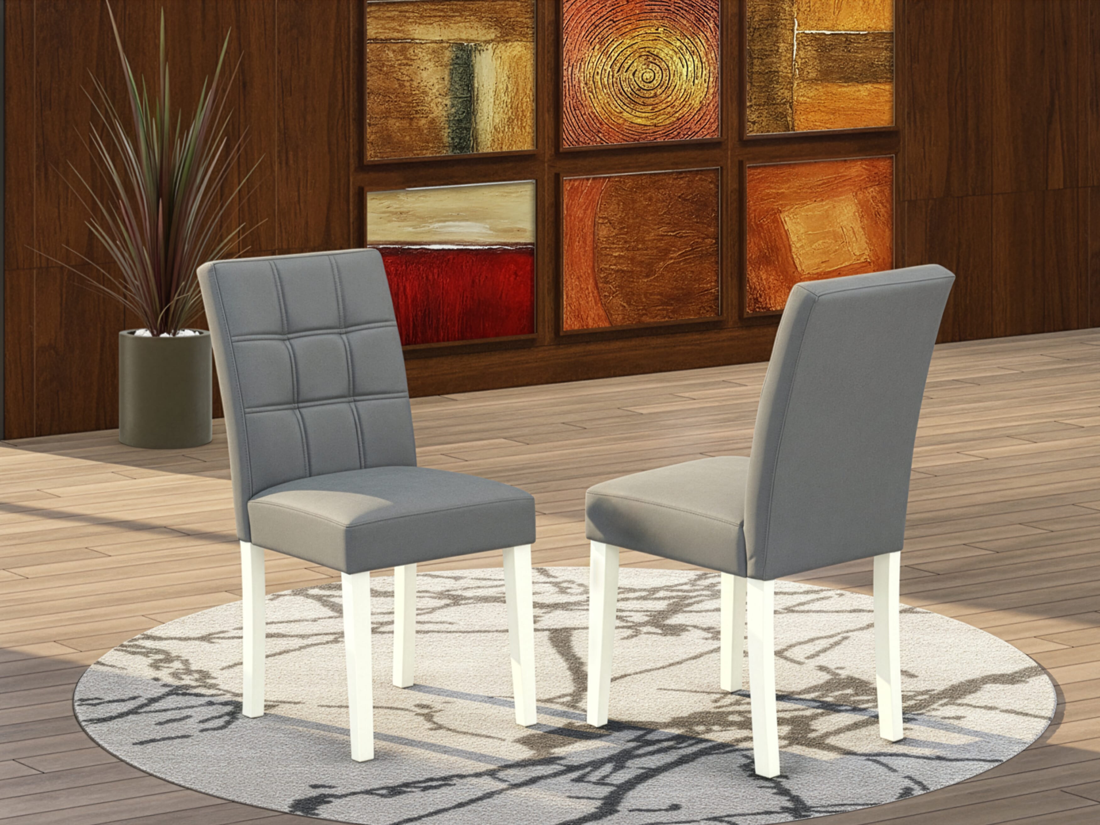 East West Furniture ASP2T41 Austin Kitchen Chairs Set of 2 - Platinum Gray Faux Leather Padded Seat and stylish Chair Back - Linen White Finish (SET OF 2)