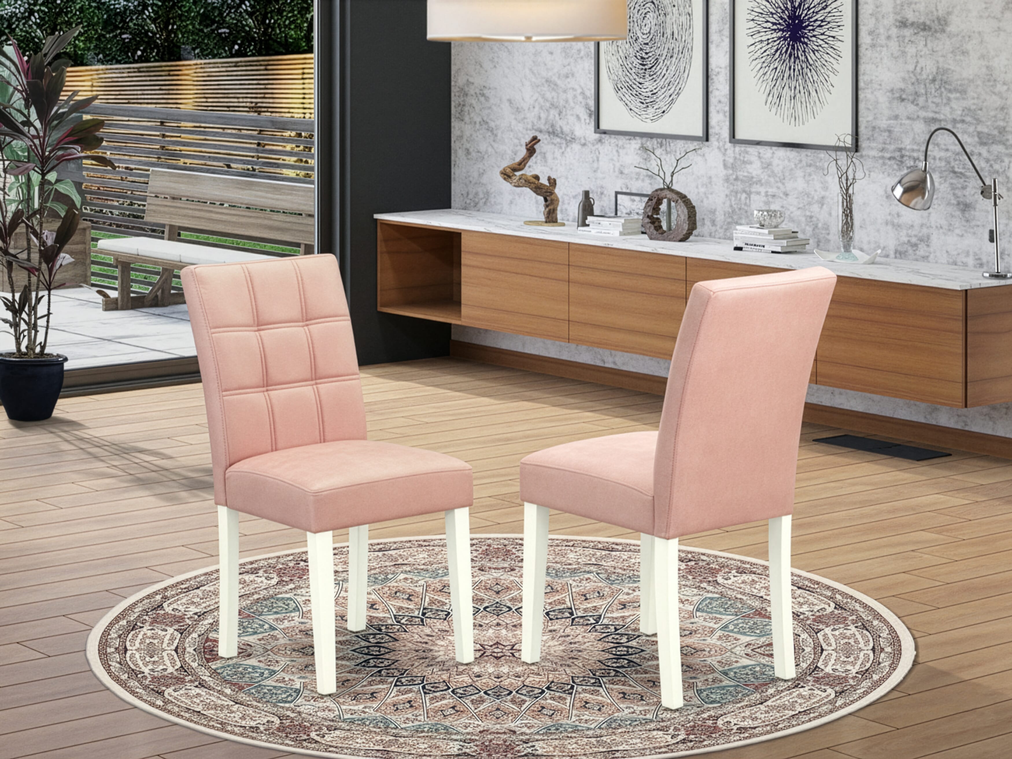 Luxe by East West Furniture 42AS3-208-42 -3 pc Kitchen Dining Table Set Includes a Round Table and 2 Beige Red Faux Leather Mid Century Modern Dining Chairs with Stylish Back - Linen White