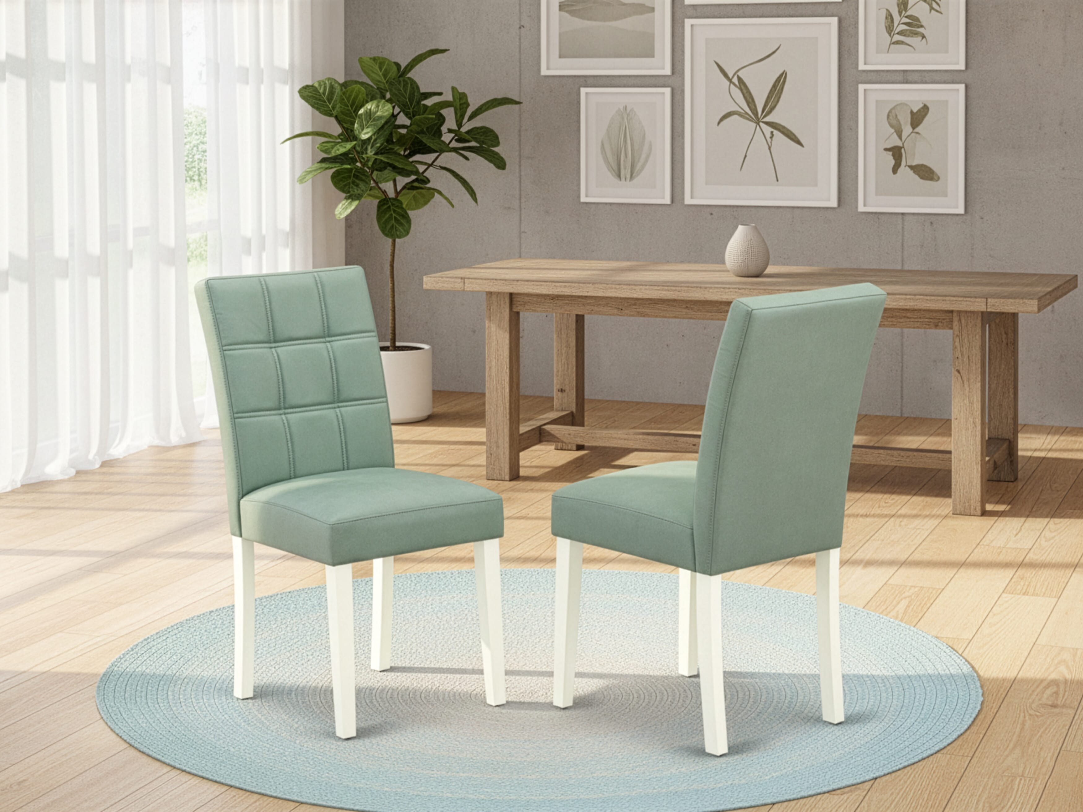 Luxe by East West Furniture 48AS3-204-43 3-Pc Dining Room Table Set Include a Table with Veined Marble Pattern Tabletop and 2 Willow Green Faux Leather Chairs, Linen white