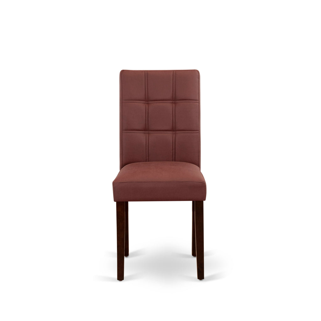 East West Furniture DLAS3-MAH-26 3 Piece Mid Century Modern Dining Table Set contain A Wooden Kitchen Table and 2 Burgundy Faux Leather Mid Century Modern Dining Chairs
