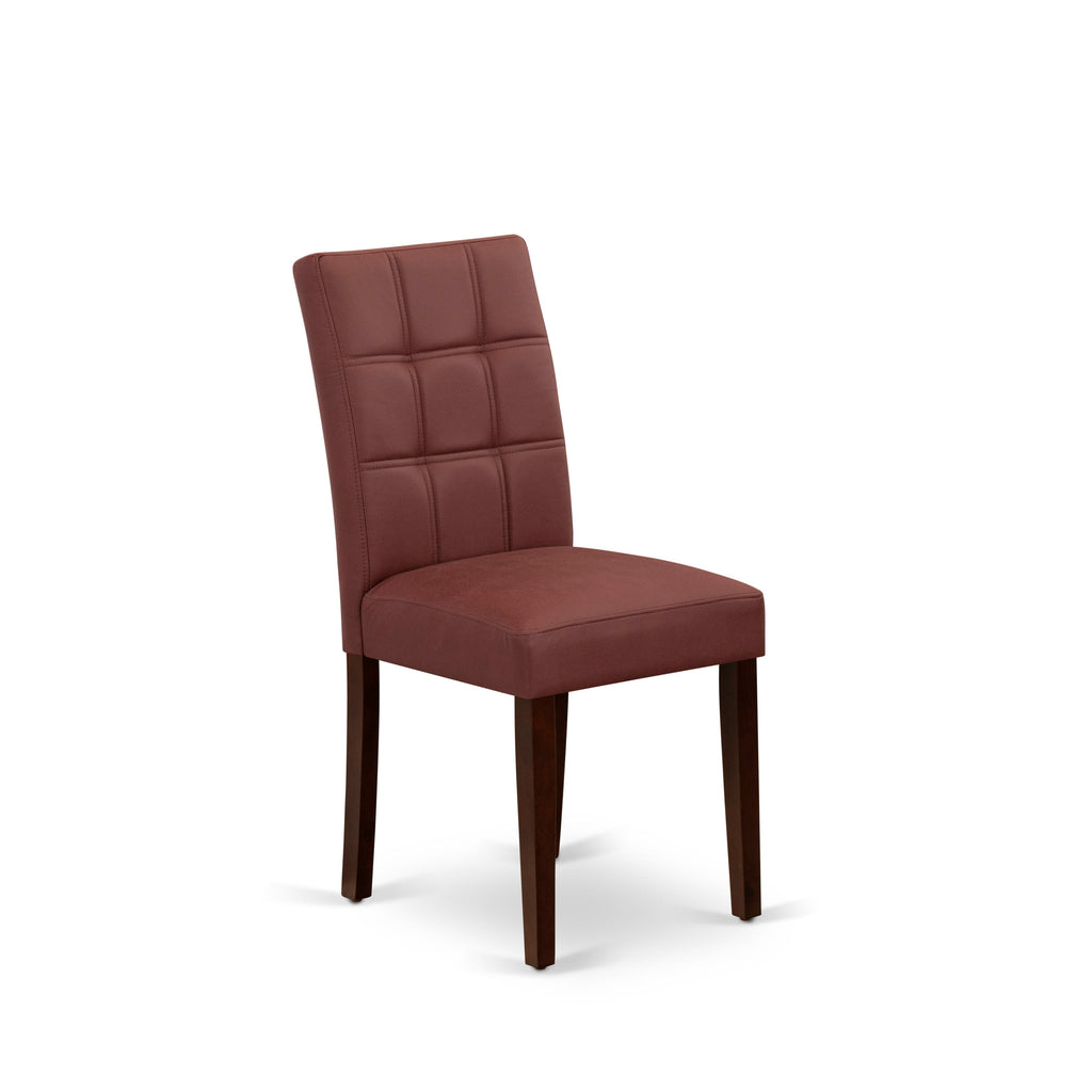 East West Furniture DLAS3-MAH-26 3 Piece Mid Century Modern Dining Table Set contain A Wooden Kitchen Table and 2 Burgundy Faux Leather Mid Century Modern Dining Chairs
