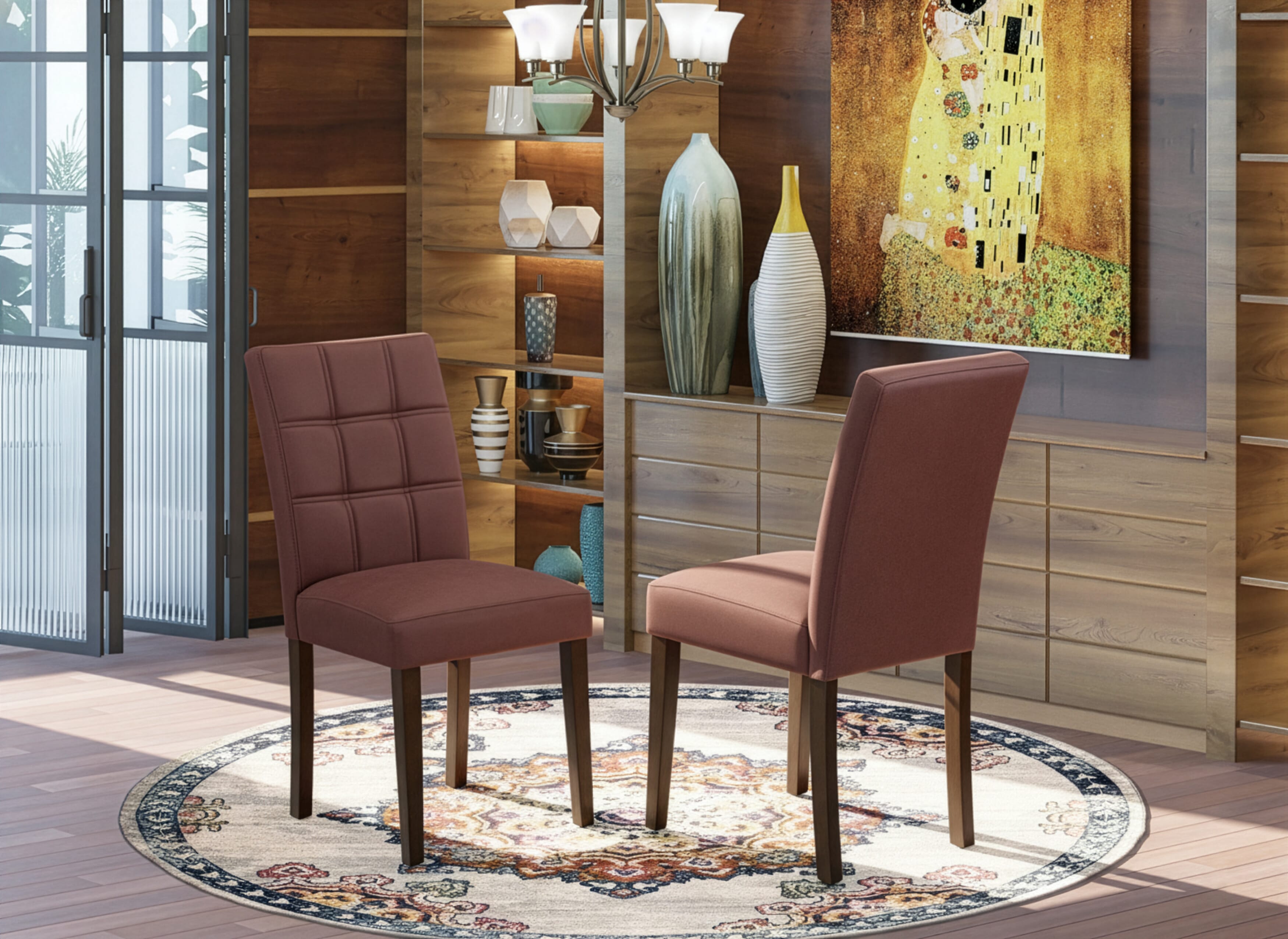 East West Furniture ASP3T26 Austin Upholstered Dining Chairs- Burgundy Faux Leather Upholstered Seat and stylish Chair Back - Mahogany Finish (SET OF 2)
