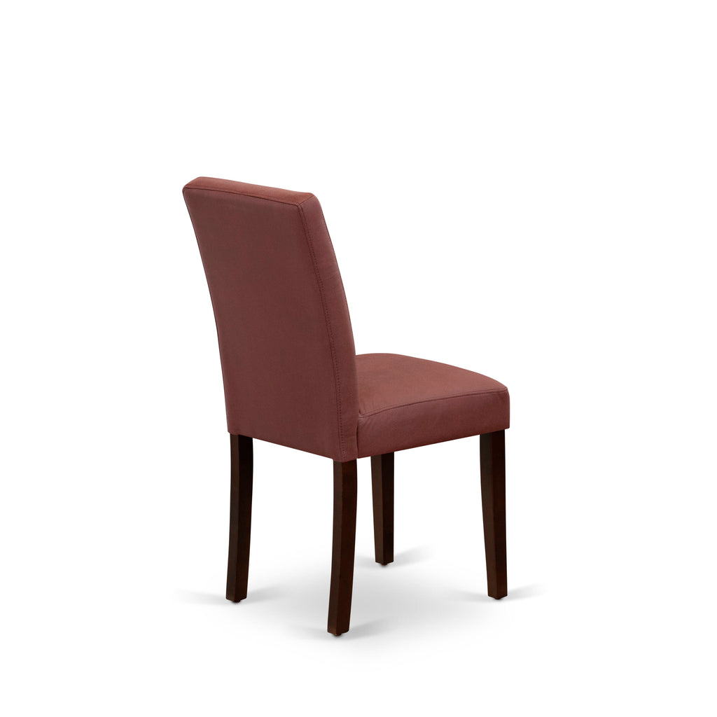 East West Furniture DLAS3-MAH-26 3 Piece Mid Century Modern Dining Table Set contain A Wooden Kitchen Table and 2 Burgundy Faux Leather Mid Century Modern Dining Chairs