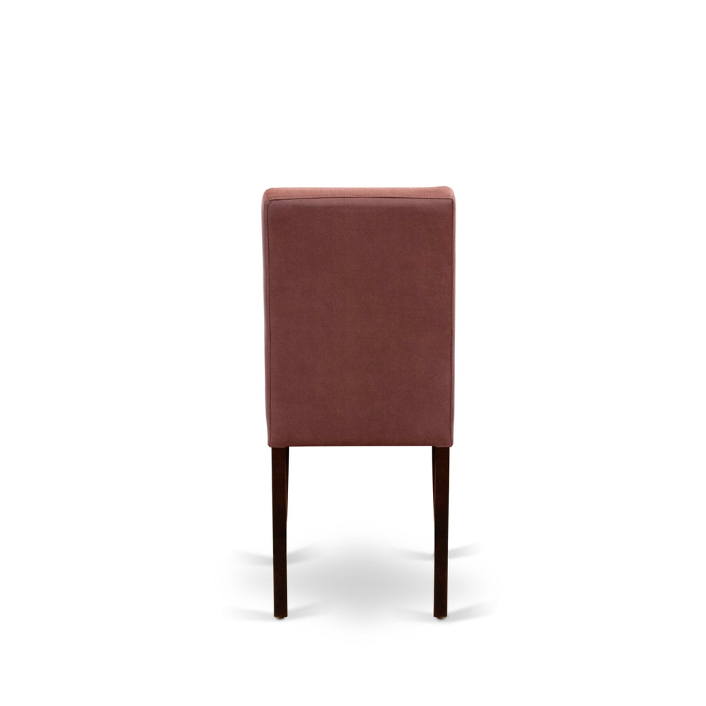East West Furniture DLAS3-MAH-26 3 Piece Mid Century Modern Dining Table Set contain A Wooden Kitchen Table and 2 Burgundy Faux Leather Mid Century Modern Dining Chairs