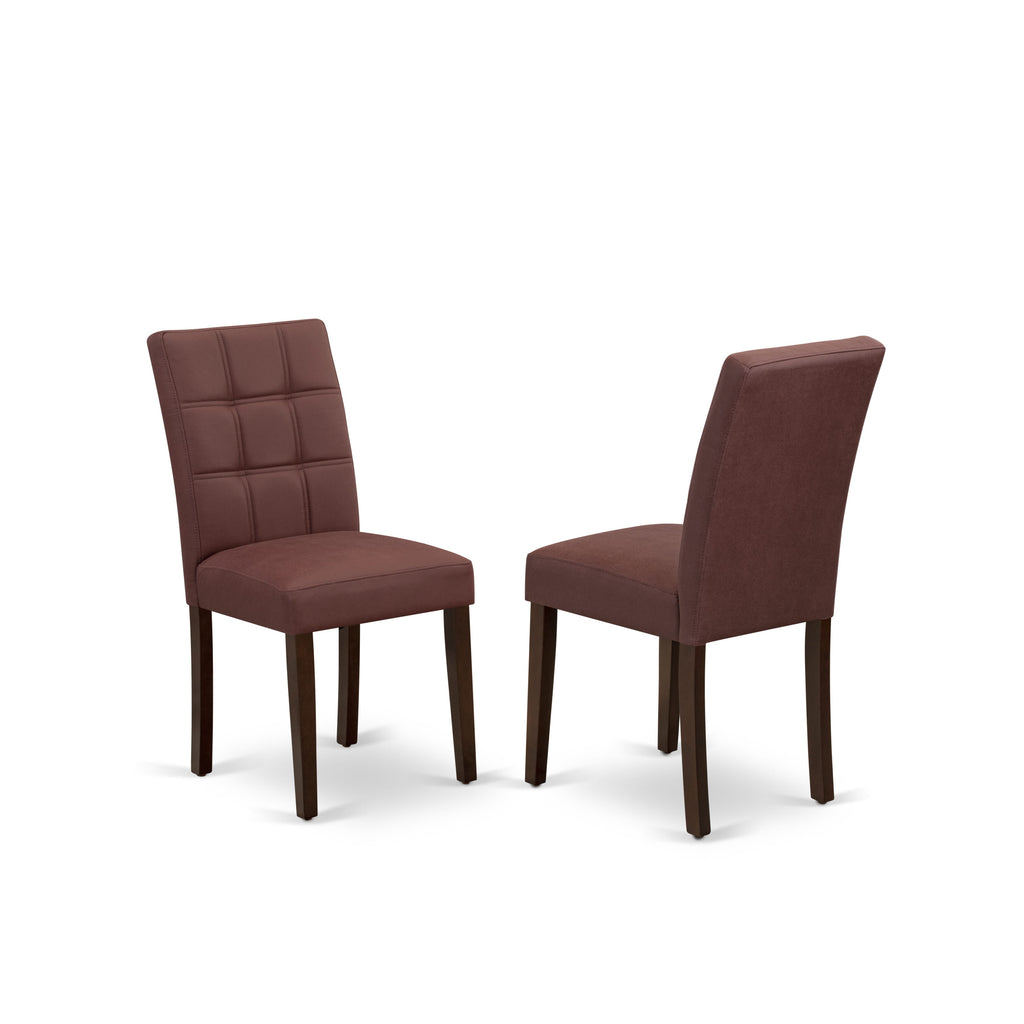East West Furniture DLAS3-MAH-26 3 Piece Mid Century Modern Dining Table Set contain A Wooden Kitchen Table and 2 Burgundy Faux Leather Mid Century Modern Dining Chairs