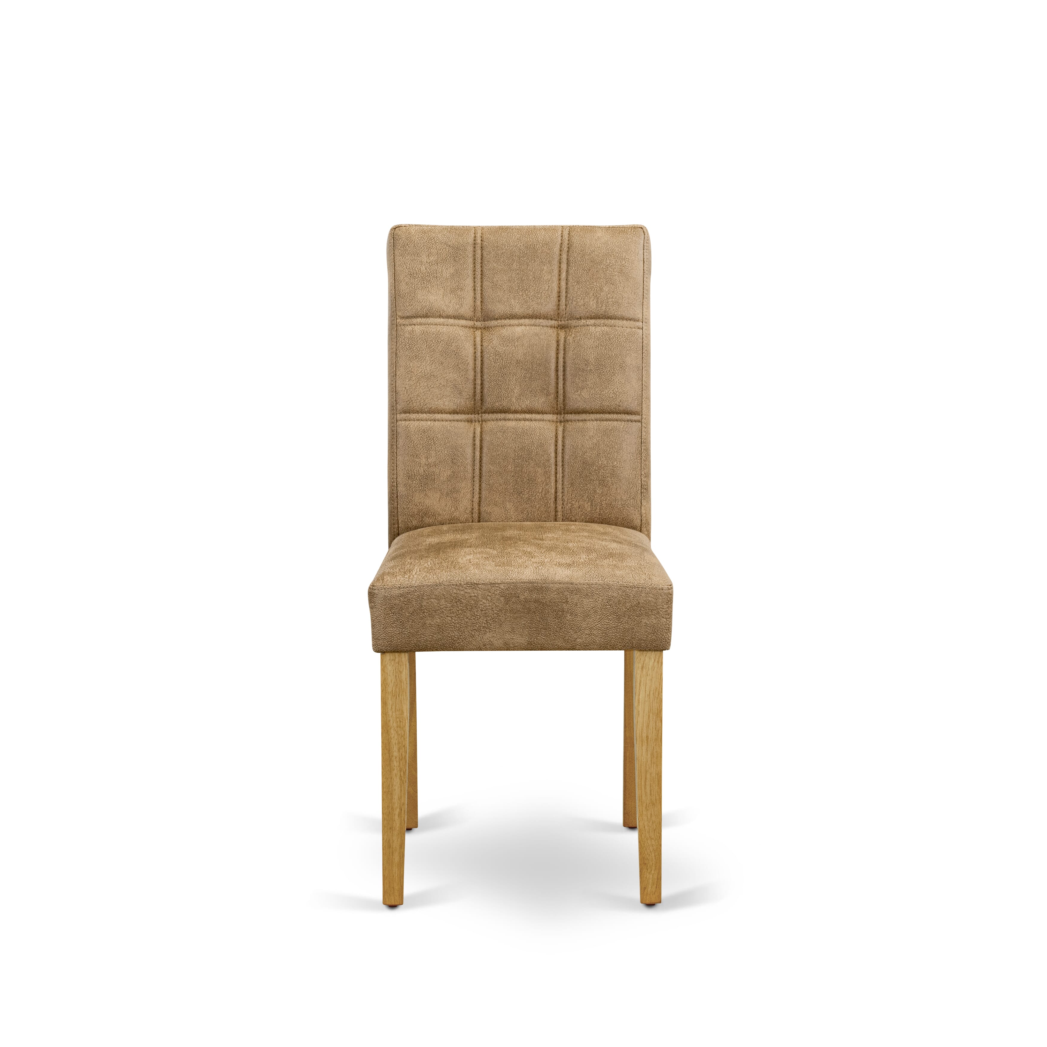 East West Furniture ASP4T28 Austin Parsons Kitchen Chairs - Brown Textured Faux Leather Padded Seat and stylish Chair Back � Oak Finish (SET OF 2)