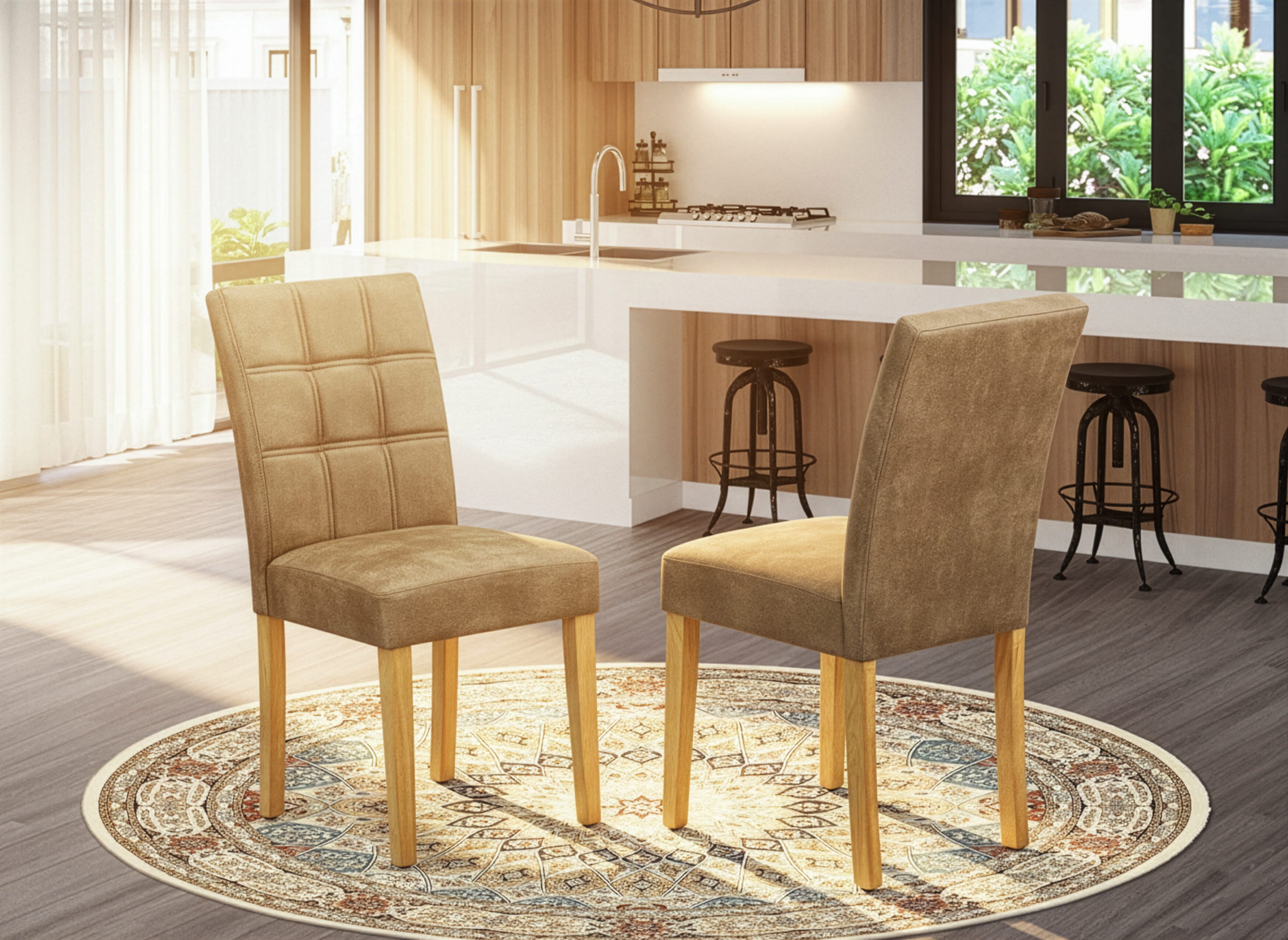 East West Furniture SUAS5-OAK-28 5 Piece Mid Century Dining Set contain A Mid Century Table and 4 Brown Textured Faux Leather Dining Room Chairs, Oak