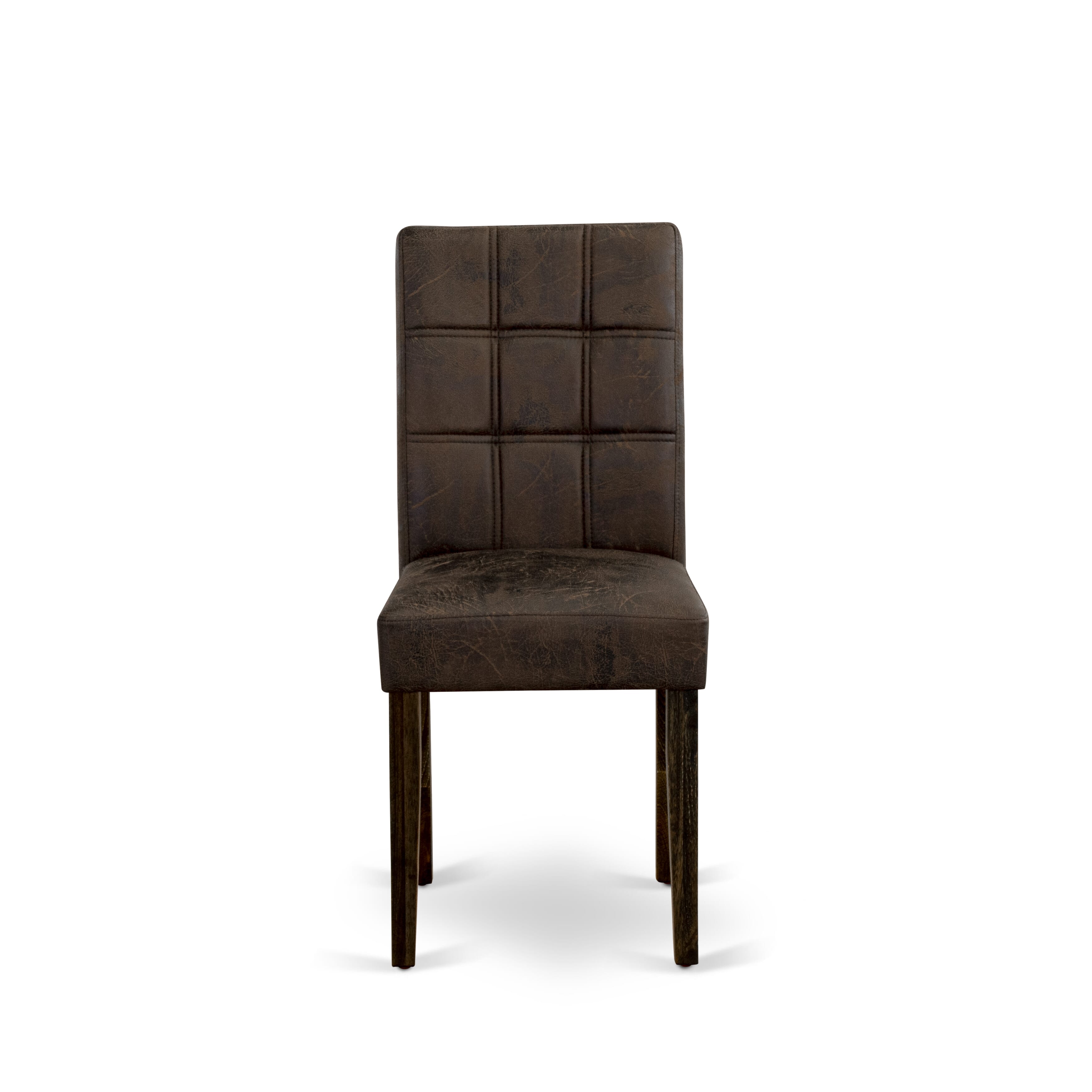 East West Furniture ASP7T25 Austin Parsons Dining Chairs - Black Textured Faux Leather Upholstered Seat and stylish Chair Back � Distressed Jacobean Finish (SET OF 2)
