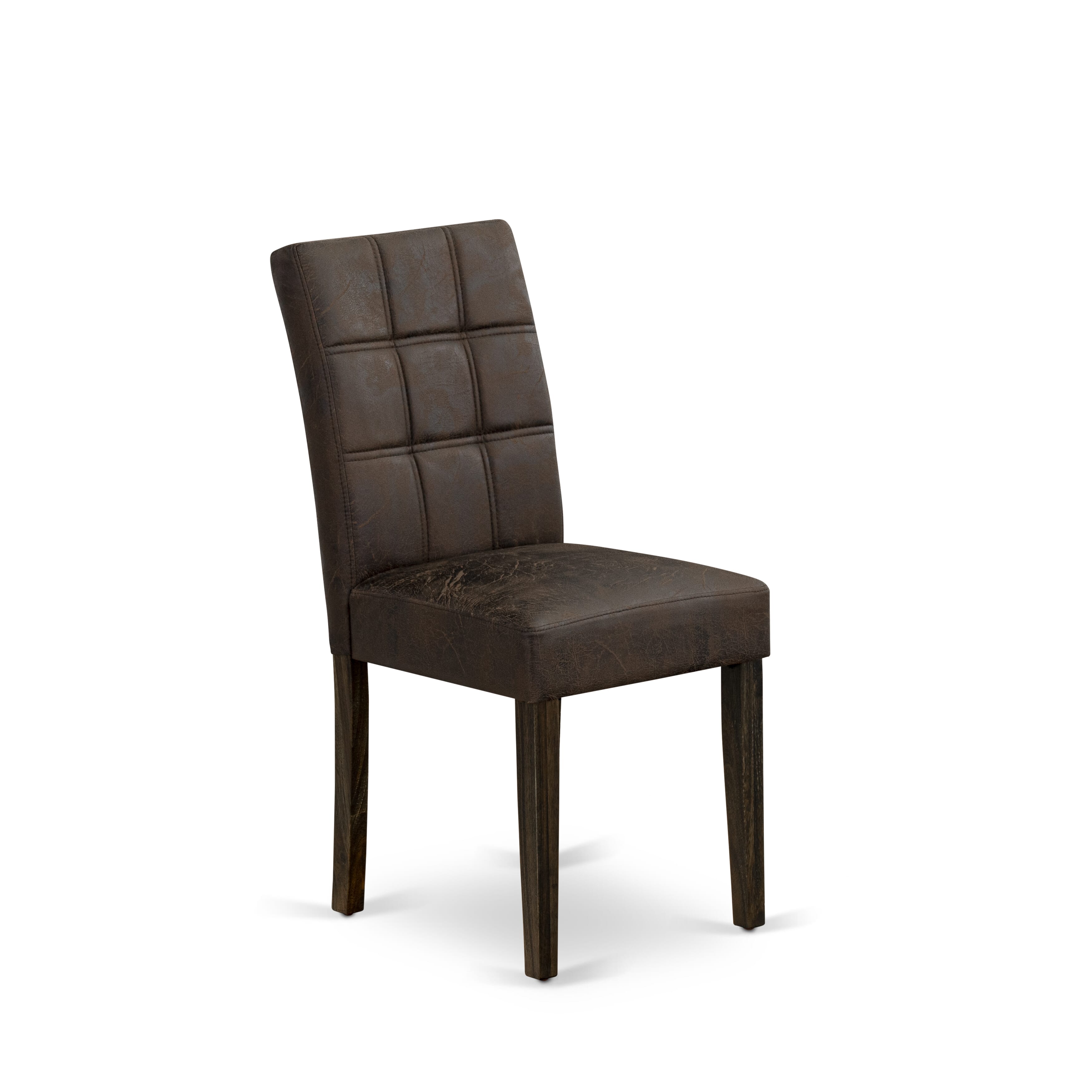 East West Furniture ASP7T25 Austin Parsons Dining Chairs - Black Textured Faux Leather Upholstered Seat and stylish Chair Back � Distressed Jacobean Finish (SET OF 2)
