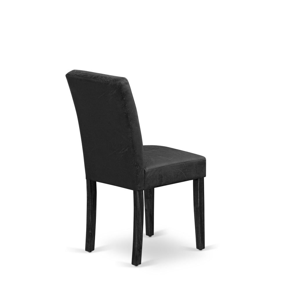 East West Furniture LMAS7-07-T25 7 Piece Mid Century Dining Set consists A Mid Century Dining Table and 6 Black Textured Faux Leather Kitchen Chairs, Distressed Jacobean
