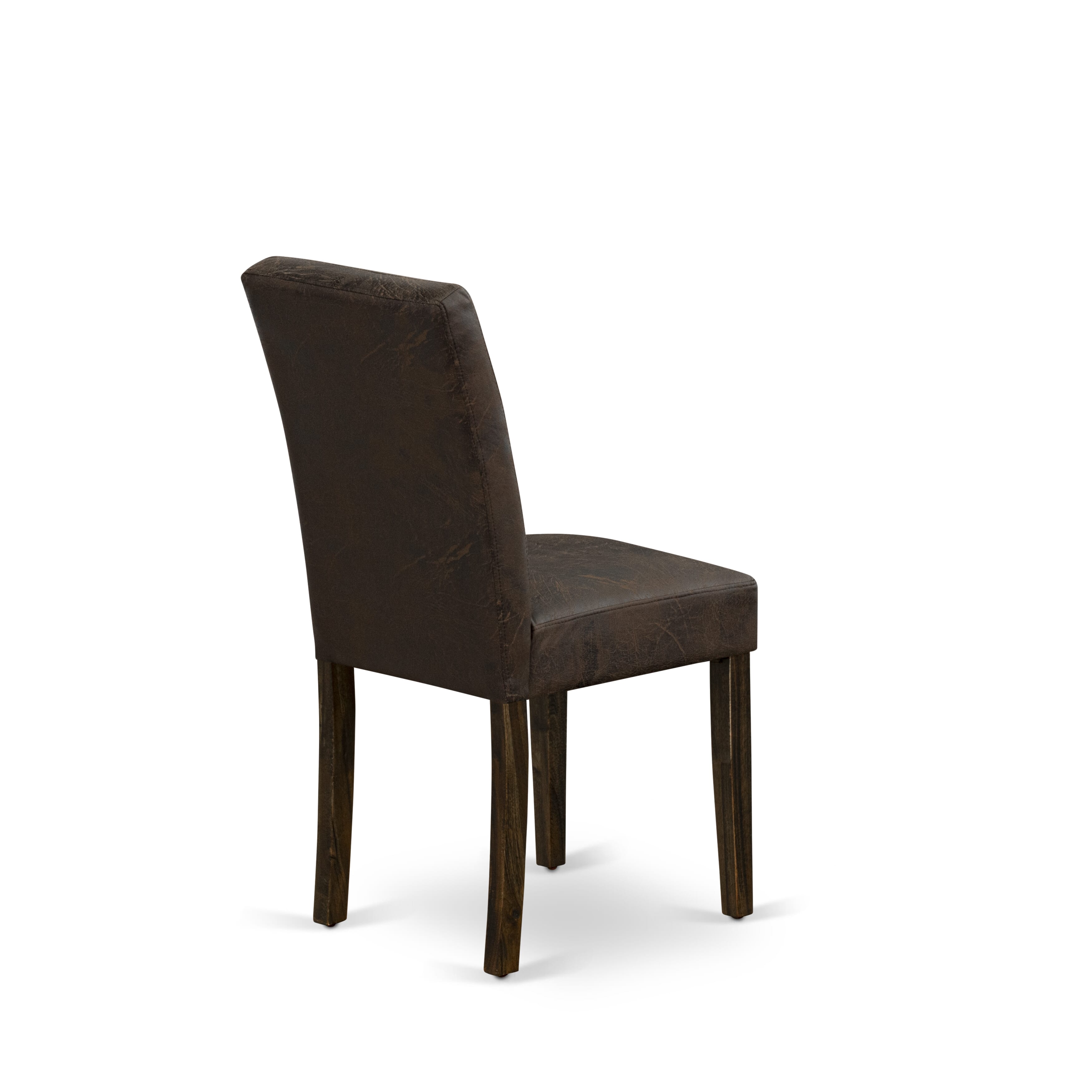 East West Furniture ASP7T25 Austin Parsons Dining Chairs - Black Textured Faux Leather Upholstered Seat and stylish Chair Back � Distressed Jacobean Finish (SET OF 2)