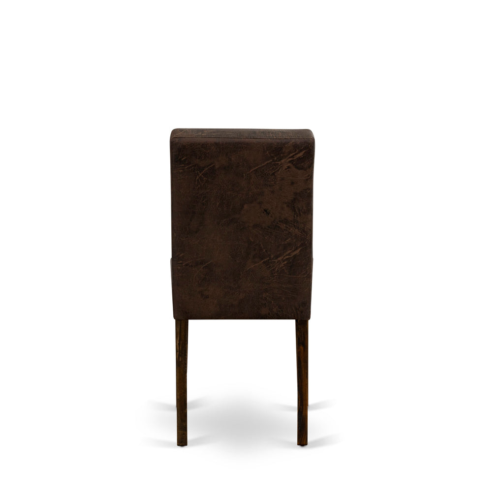 East West Furniture LMAS7-07-T25 7 Piece Mid Century Dining Set consists A Mid Century Dining Table and 6 Black Textured Faux Leather Kitchen Chairs, Distressed Jacobean