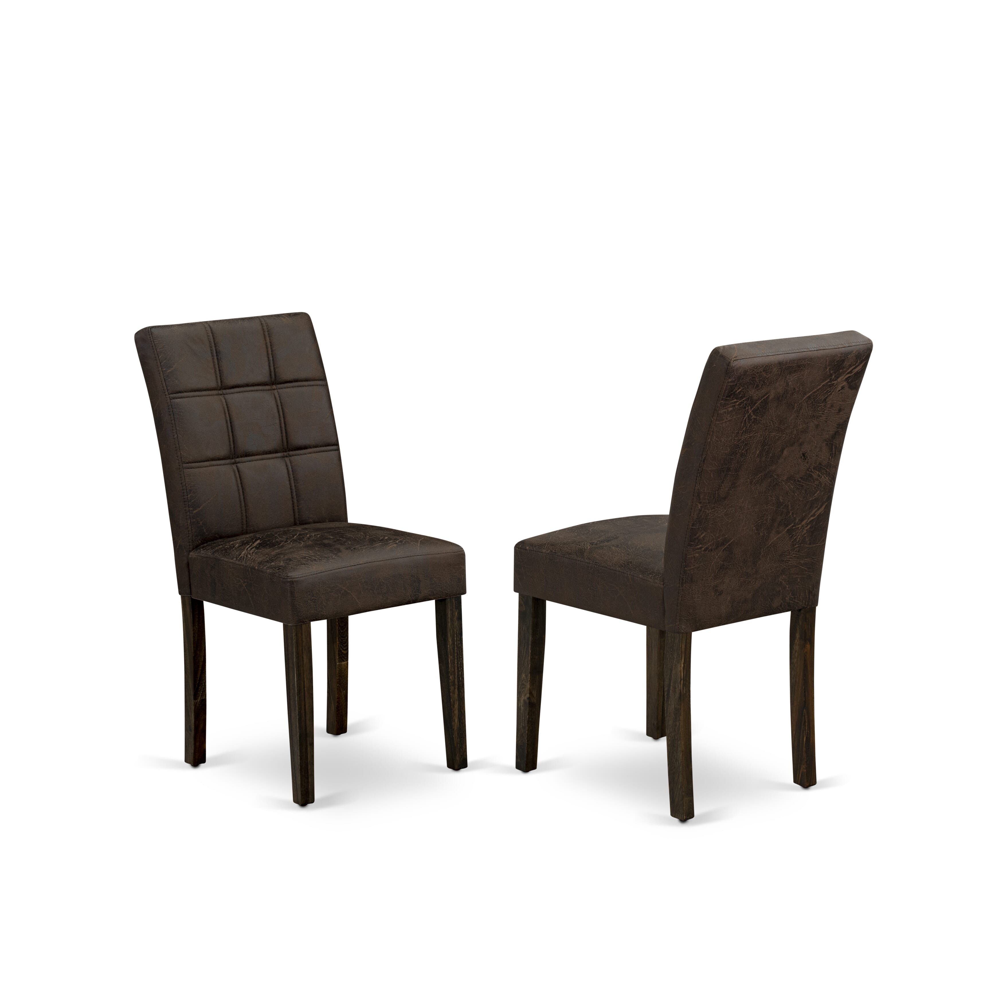 East West Furniture ASP7T25 Austin Parsons Dining Chairs - Black Textured Faux Leather Upholstered Seat and stylish Chair Back � Distressed Jacobean Finish (SET OF 2)