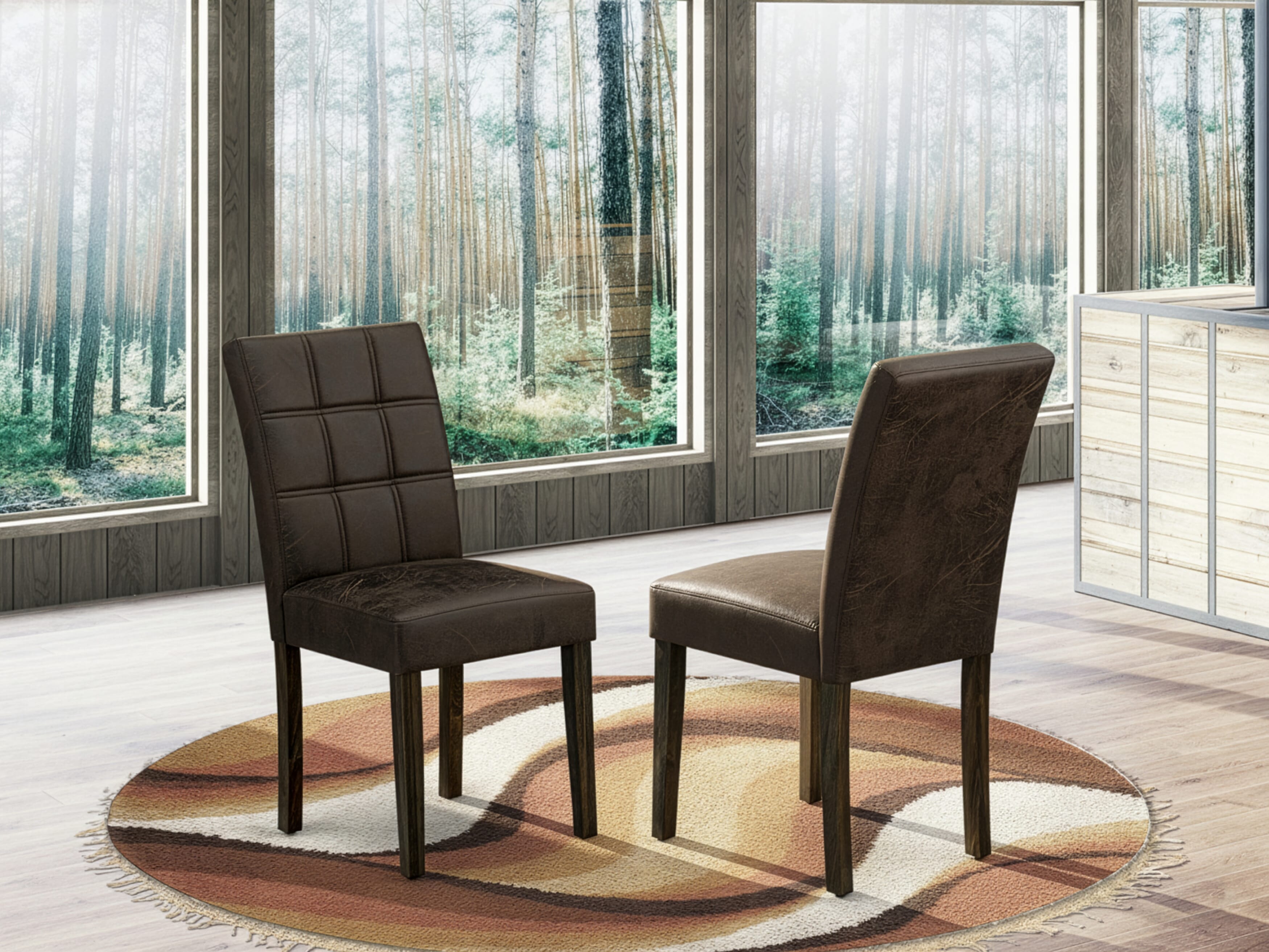 East West Furniture ASP7T25 Austin Parsons Dining Chairs - Black Textured Faux Leather Upholstered Seat and stylish Chair Back � Distressed Jacobean Finish (SET OF 2)