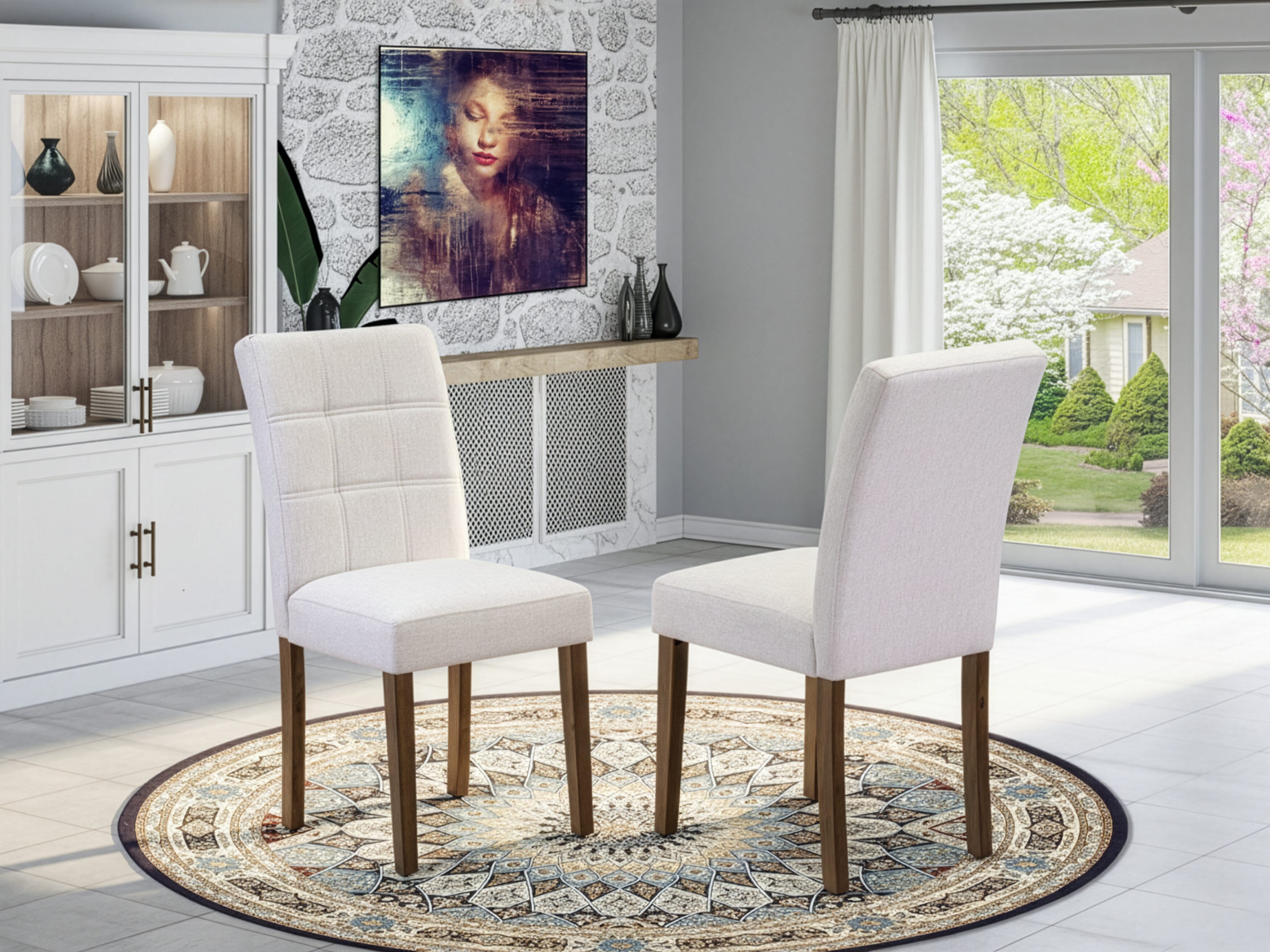 East West Furniture ASP8T08 Austin Parsons Kitchen Chairs - Mist Beige Linen Fabric Padded Seat and stylish Chair Back � Antique Walnut Finish (SET OF 2)