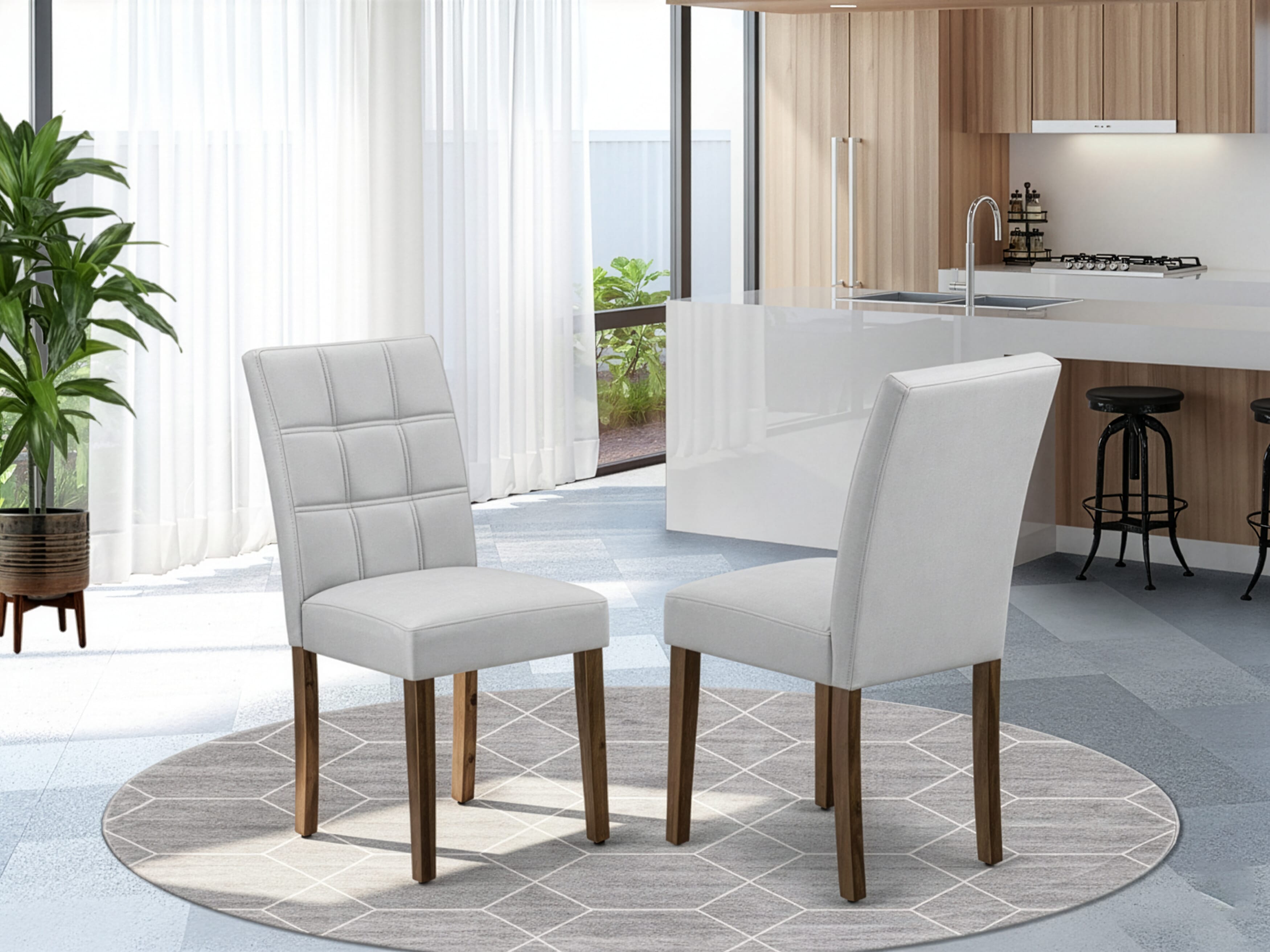 East West Furniture ASP8T27 Austin Parsons Dining Room Chairs - Light Gray Faux Leather Upholstered Seat and stylish Chair Back � Antique Walnut Finish (SET OF 2)