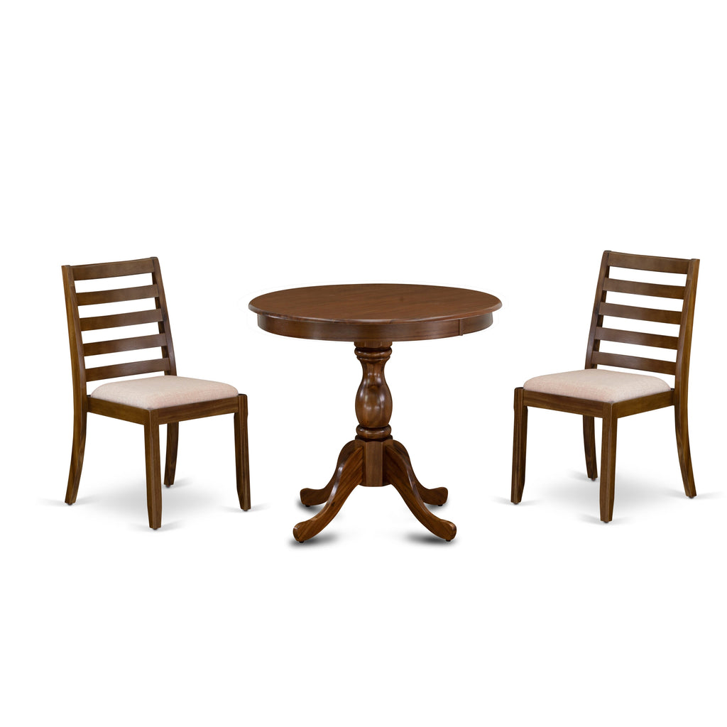 East West Furniture ASX13-AWA-04 -3 Piece Dining Set Includes a Round Kitchen Table with Antique Walnut Tabletop and 2 Stackable Linen Fabric Chairs