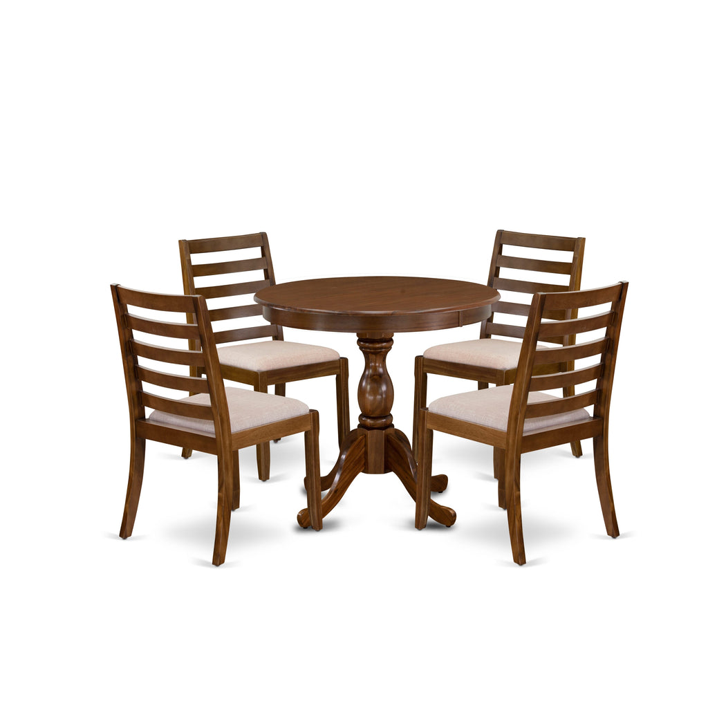 East West Furniture ASX15-AWA-04 -5 Piece Dining Set Includes a Round Kitchen Table with Antique Walnut Tabletop and 4 Stackable Linen Fabric Chairs