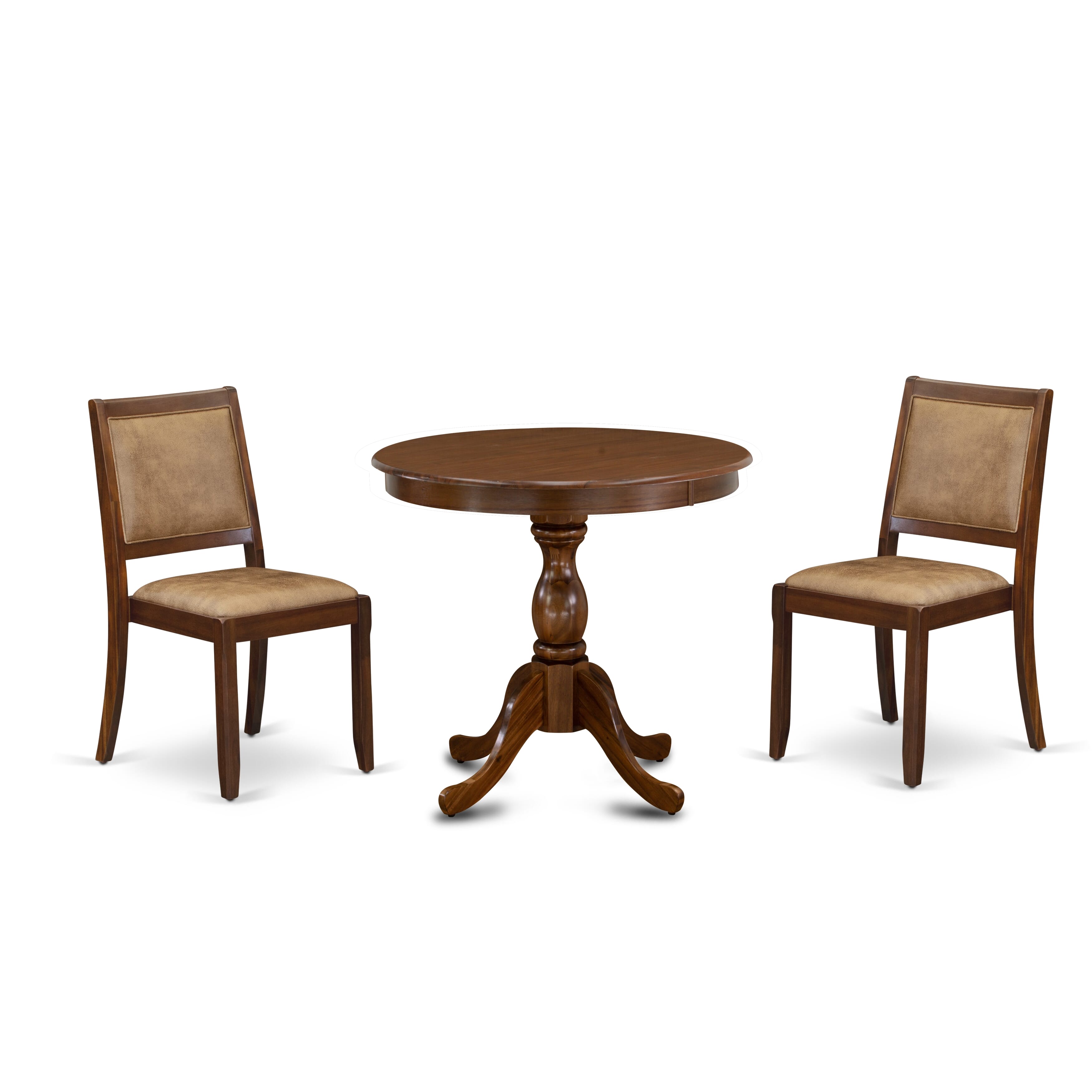 East West Furniture ASX23-AWA-28 -3 Piece Dining Set Includes a Round Table and 2 Stackable Faux Leather Chairs, Antique Walnut