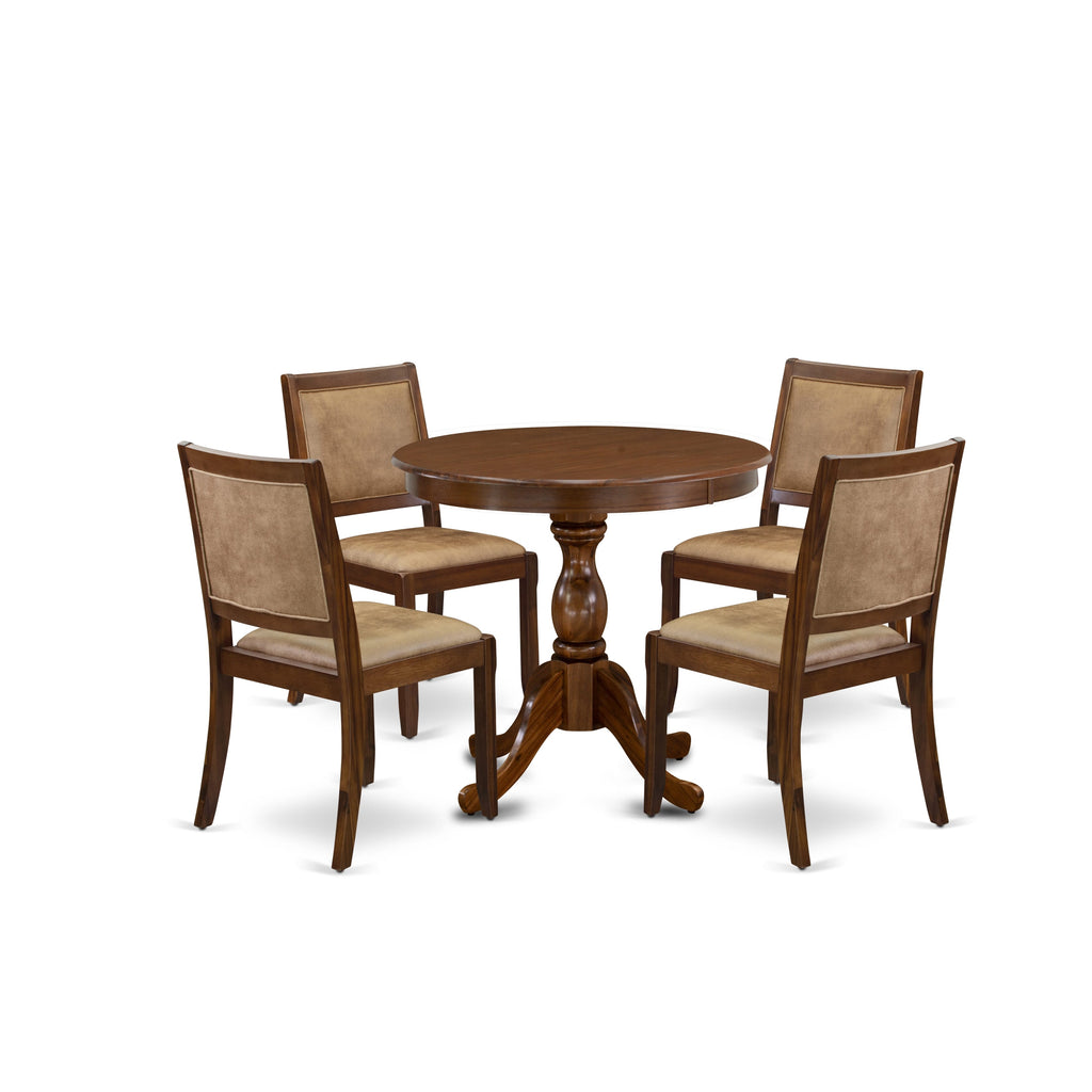 East West Furniture ASX25-AWA-28 -5 Piece Dining Set Includes a Round Kitchen Table with Antique Walnut Tabletop and 4 Stackable Faux Leather Chairs