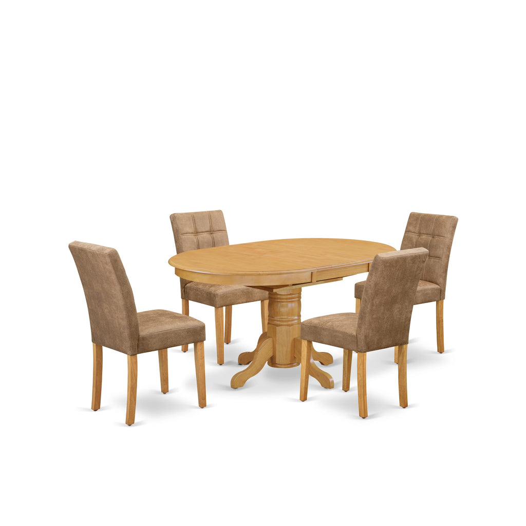East West Furniture AVAS5-OAK-28 5 Piece Mid Century Modern Dining Set contain A Dinner Table and 4 Brown Textured Faux Leather Upholstered Chairs