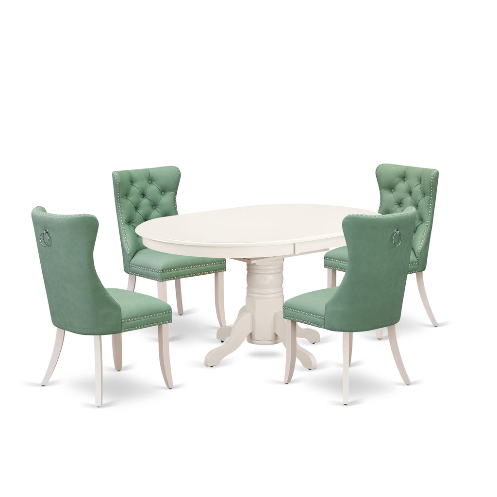 East West Furniture AVDA5-LWH-22 5 Piece Kitchen Table & Chairs Set Consists of an Oval Dining Table with Removable leaf and 4 Upholstered Chairs, 42x60 Inch, linen white