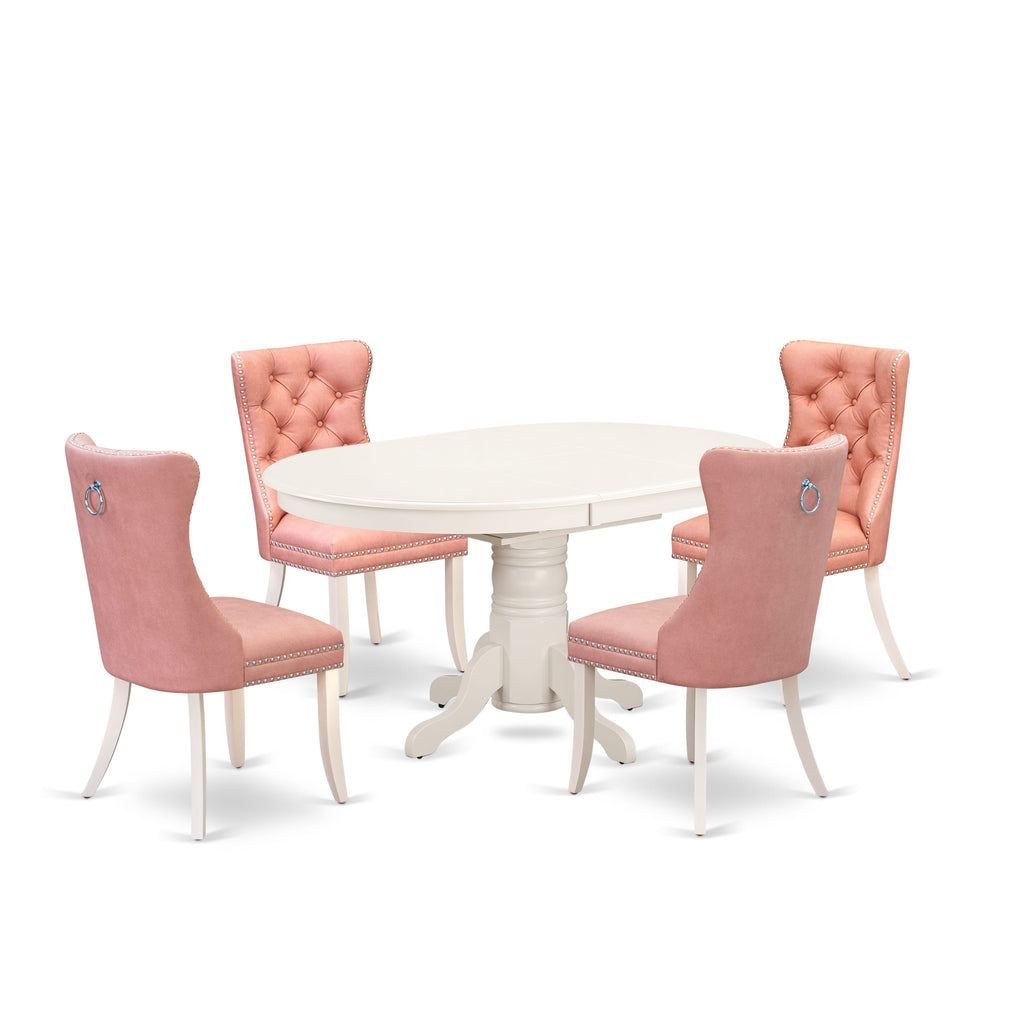 East West Furniture AVDA5-LWH-23 5 Piece Modern Dining Table Set Contains an Oval Kitchen Table with Removable leaf and 4 Upholstered Parson Chairs, 42x60 Inch, linen white