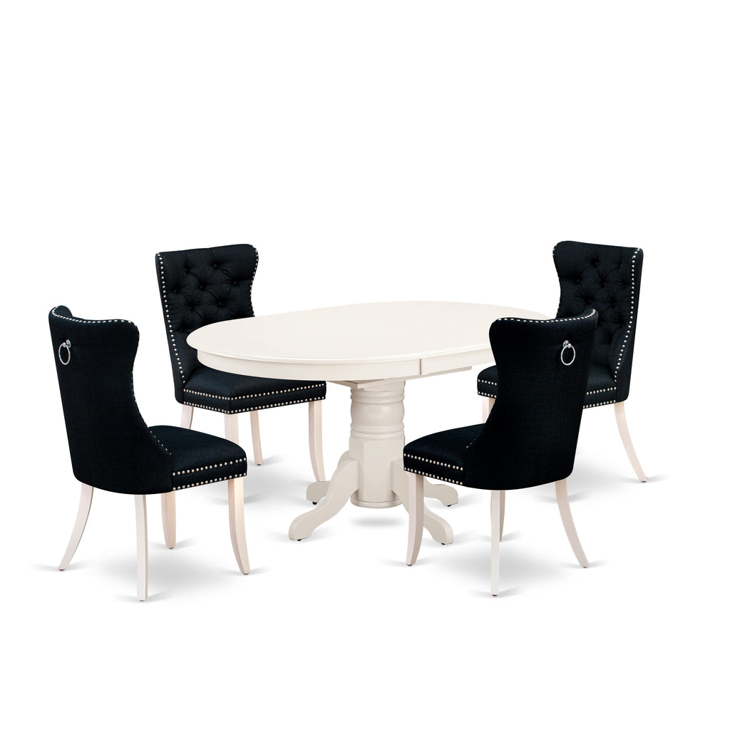 East West Furniture AVDA5-LWH-24 5 Piece Kitchen Table Set Consists of an Oval Dining Table with Removable leaf and 4 Upholstered Chairs, 42x60 Inch, linen white