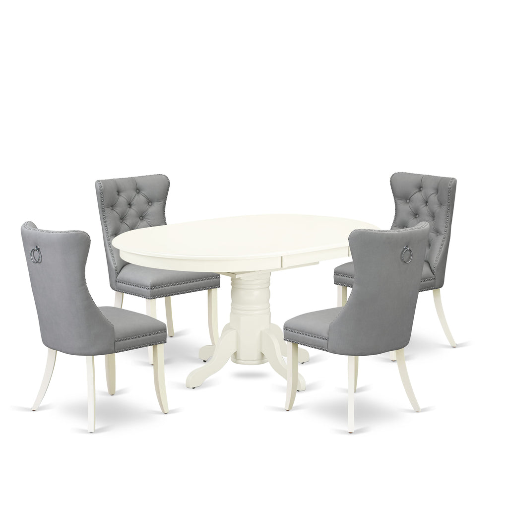 East West Furniture AVDA5-LWH-27 5 Piece Dining Set Contains an Oval Kitchen Table with Removable leaf and 4 Upholstered Parson Chairs, 42x60 Inch, linen white