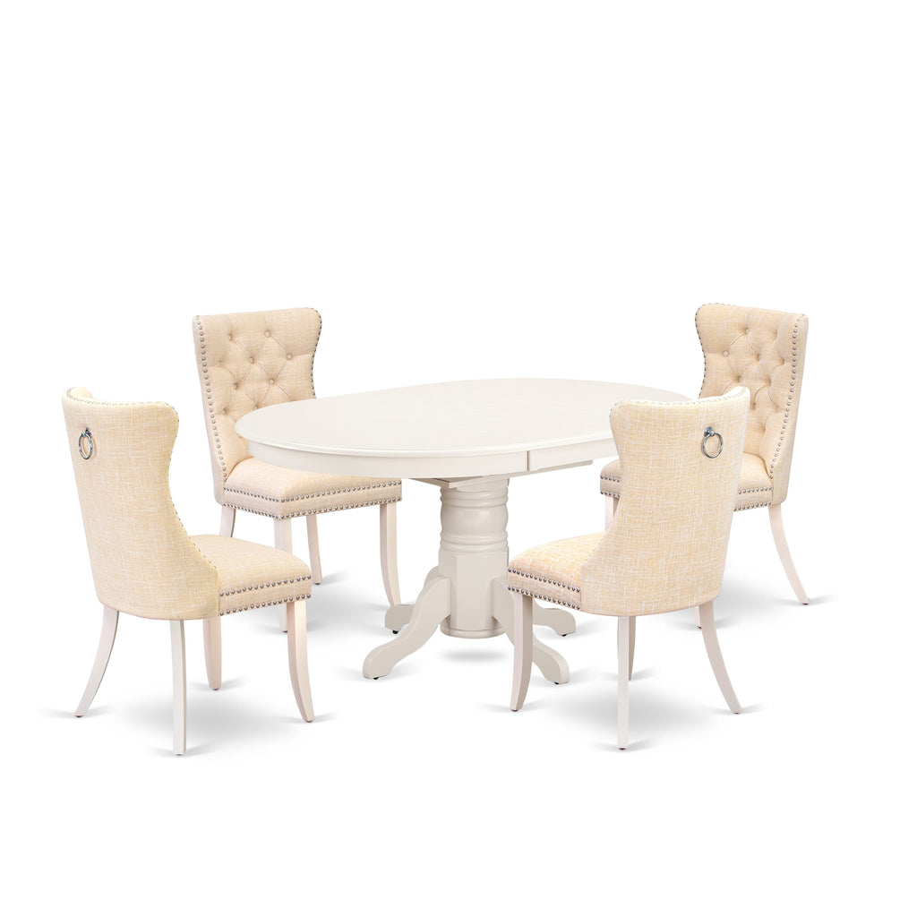 East West Furniture AVDA5-LWH-32 5 Piece Kitchen Table Set Includes an Oval Dining Table with Removable leaf and 4 Upholstered Chairs, 42x60 Inch, linen white