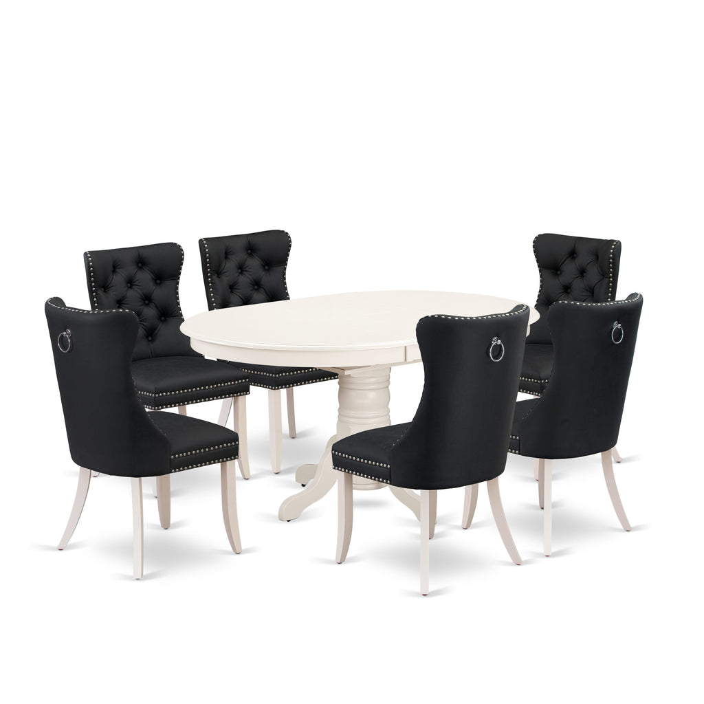 East West Furniture AVDA7-LWH-12 7 Piece Dining Room Furniture Set Includes an Oval Dining Table with Removable leaf and 6 Upholstered Parson Chairs, 42x60 Inch, linen white