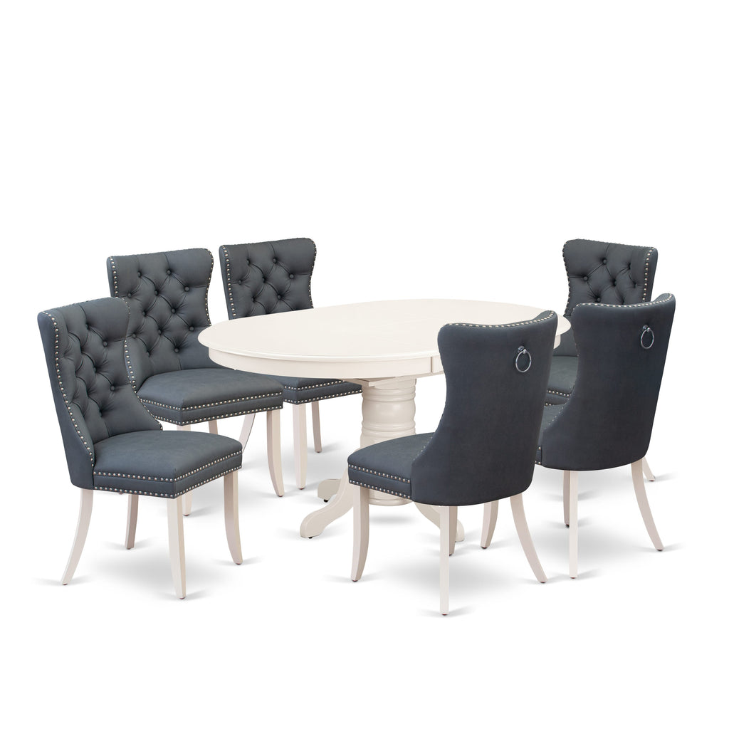 East West Furniture AVDA7-LWH-13 7 Piece Dining Set Contains an Oval Kitchen Table with Removable leaf and 6 Upholstered Parson Chairs, 42x60 Inch, linen white