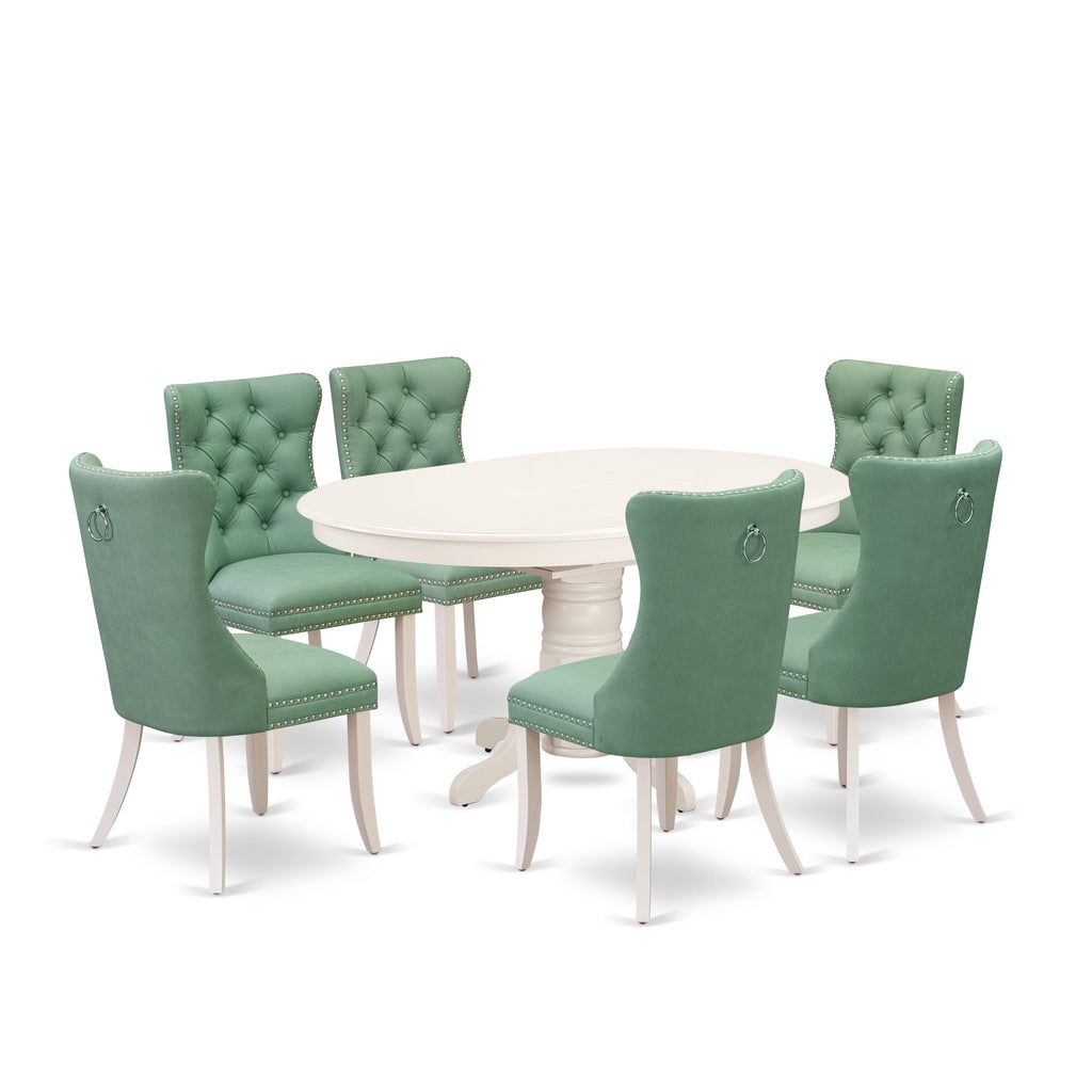 East West Furniture AVDA7-LWH-22 7 Piece Modern Dining Table Set Includes an Oval Kitchen Table with Removable leaf and 6 Upholstered Parson Chairs, 42x60 Inch, linen white