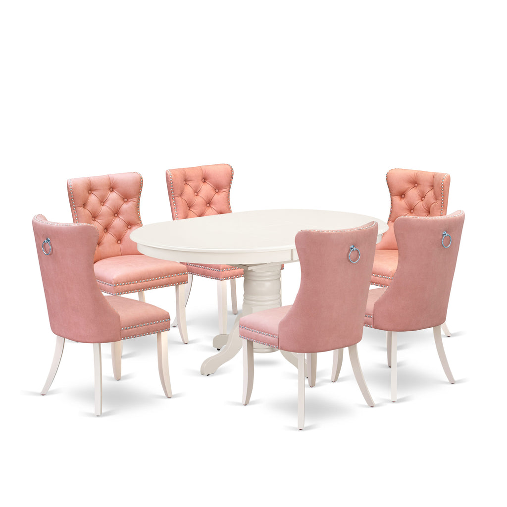 East West Furniture AVDA7-LWH-23 7 Piece Dining Room Furniture Set Consists of an Oval Dining Table with Removable leaf and 6 Upholstered Chairs, 42x60 Inch, linen white