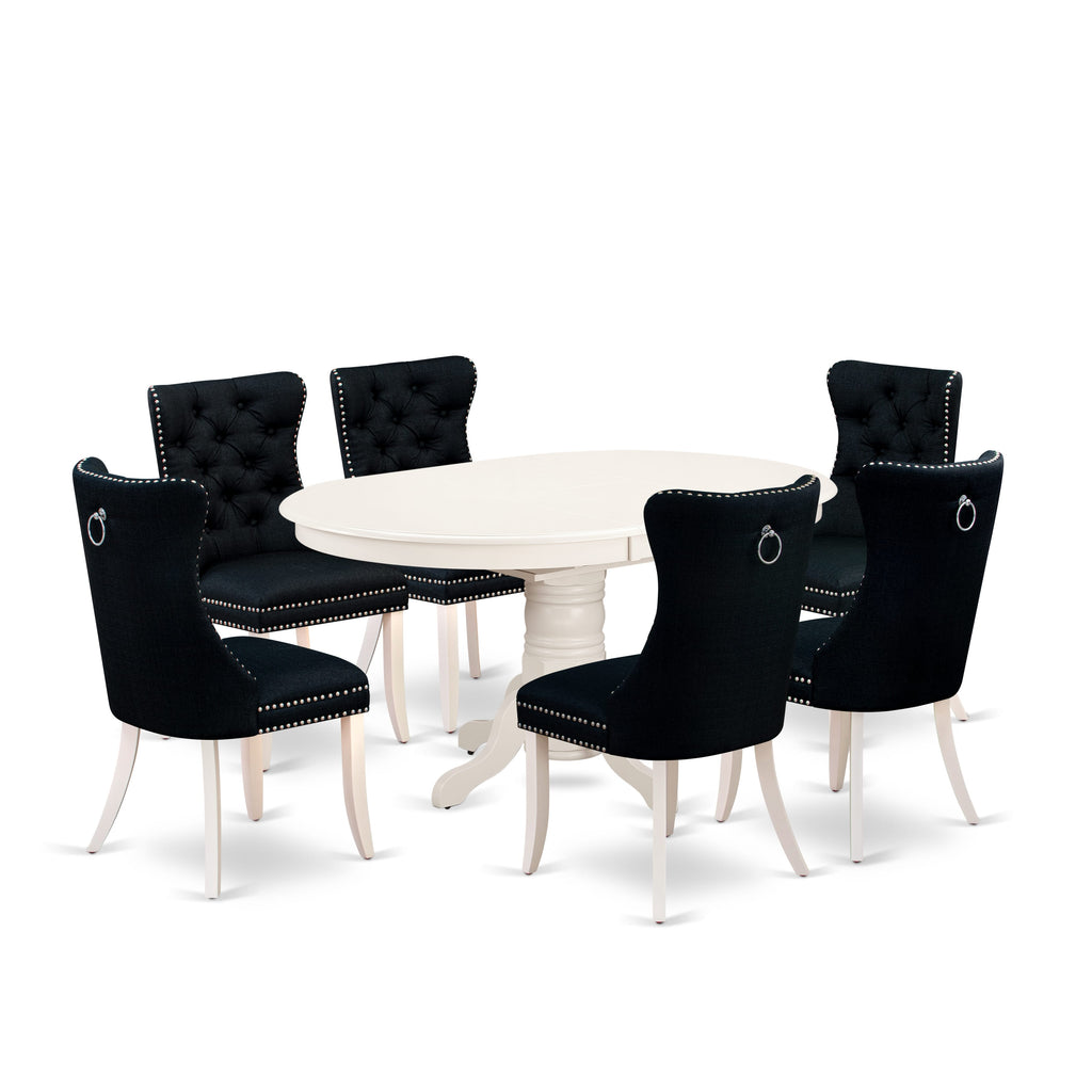 East West Furniture AVDA7-LWH-24 7 Piece Dining Room Furniture Set Includes an Oval Wooden Table with Removable leaf and 6 Padded Chairs, 42x60 Inch, linen white