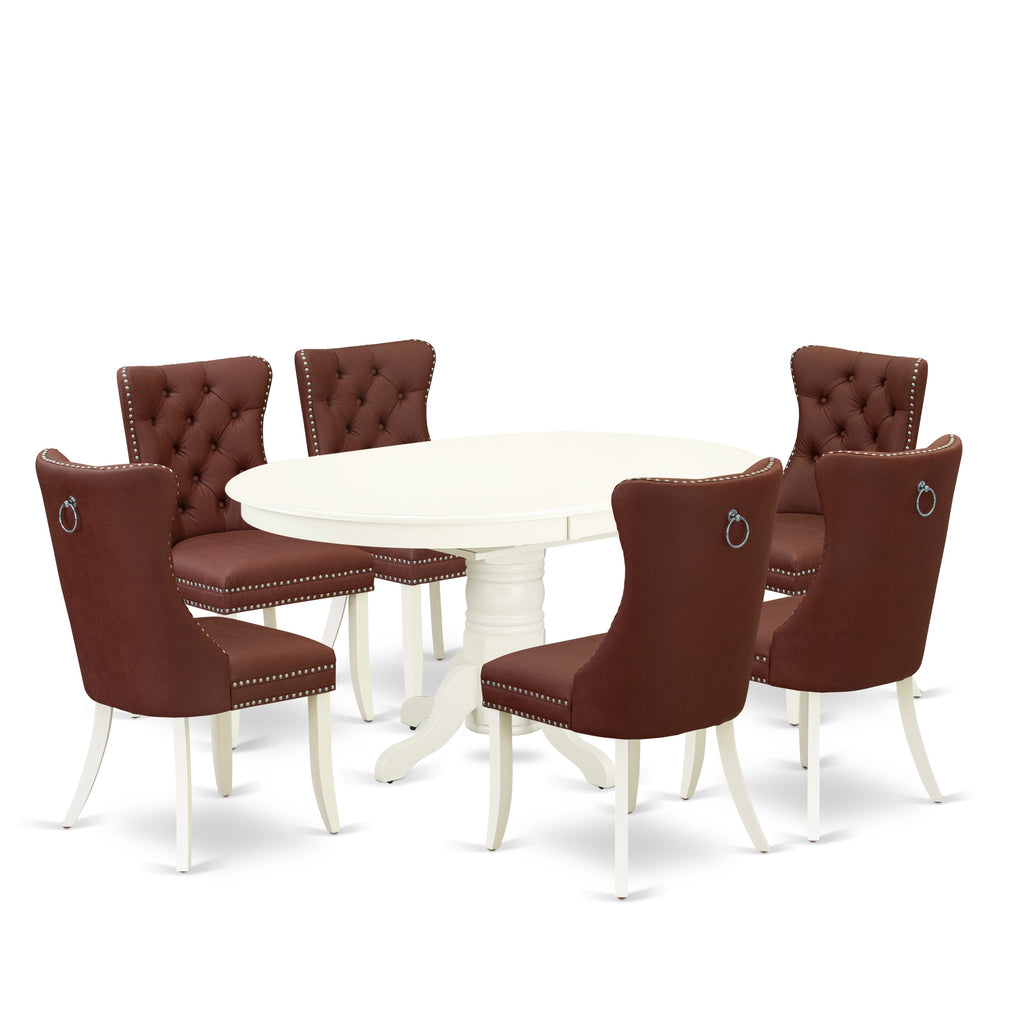 East West Furniture AVDA7-LWH-26 7 Piece Modern Dining Table Set Includes an Oval Kitchen Table with Removable leaf and 6 Upholstered Parson Chairs, 42x60 Inch, linen white