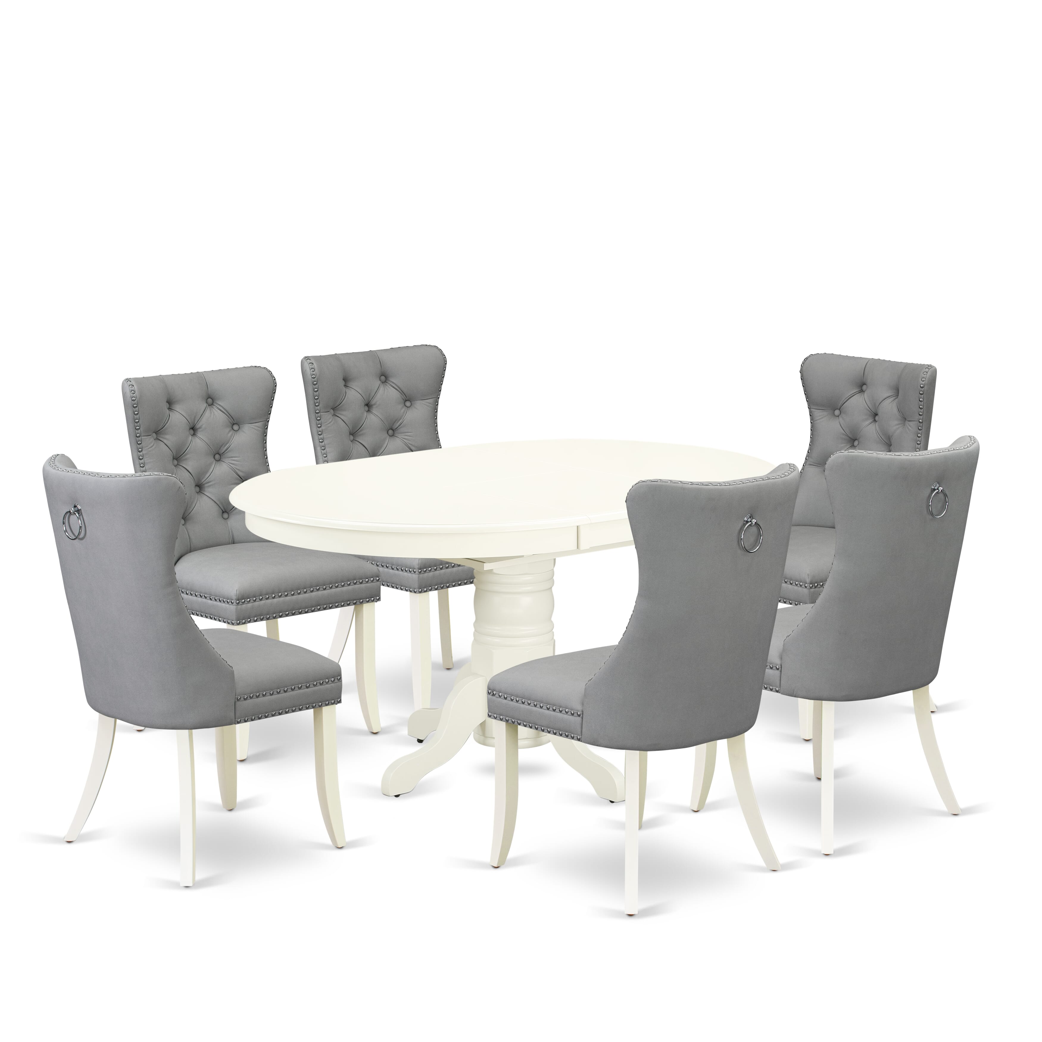 East West Furniture AVDA7-LWH-27 7 Piece Dining Set Consists of an Oval Kitchen Table with Removable leaf and 6 Upholstered Parson Chairs, 42x60 Inch, linen white