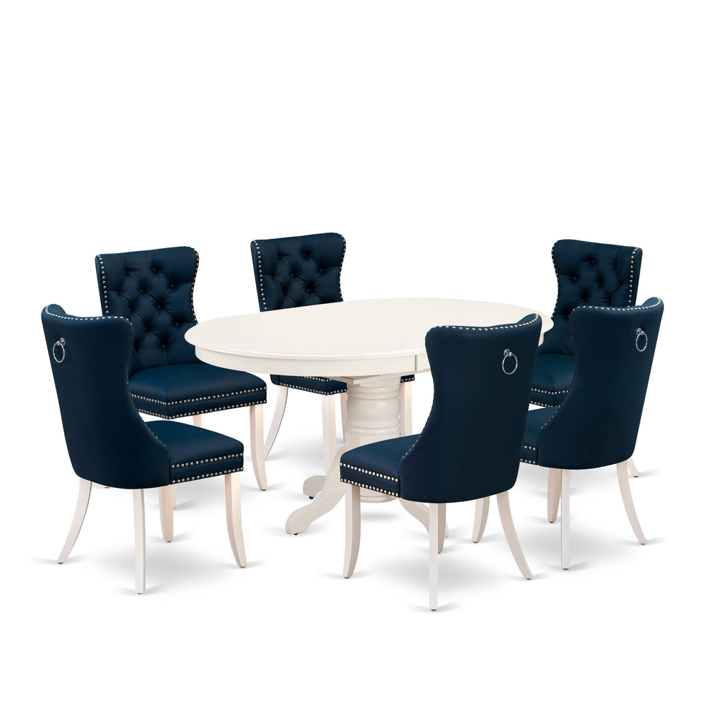 East West Furniture AVDA7-LWH-29 7 Piece Dining Table Set Includes an Oval Kitchen Table with Removable leaf and 6 Padded Chairs, 42x60 Inch, linen white