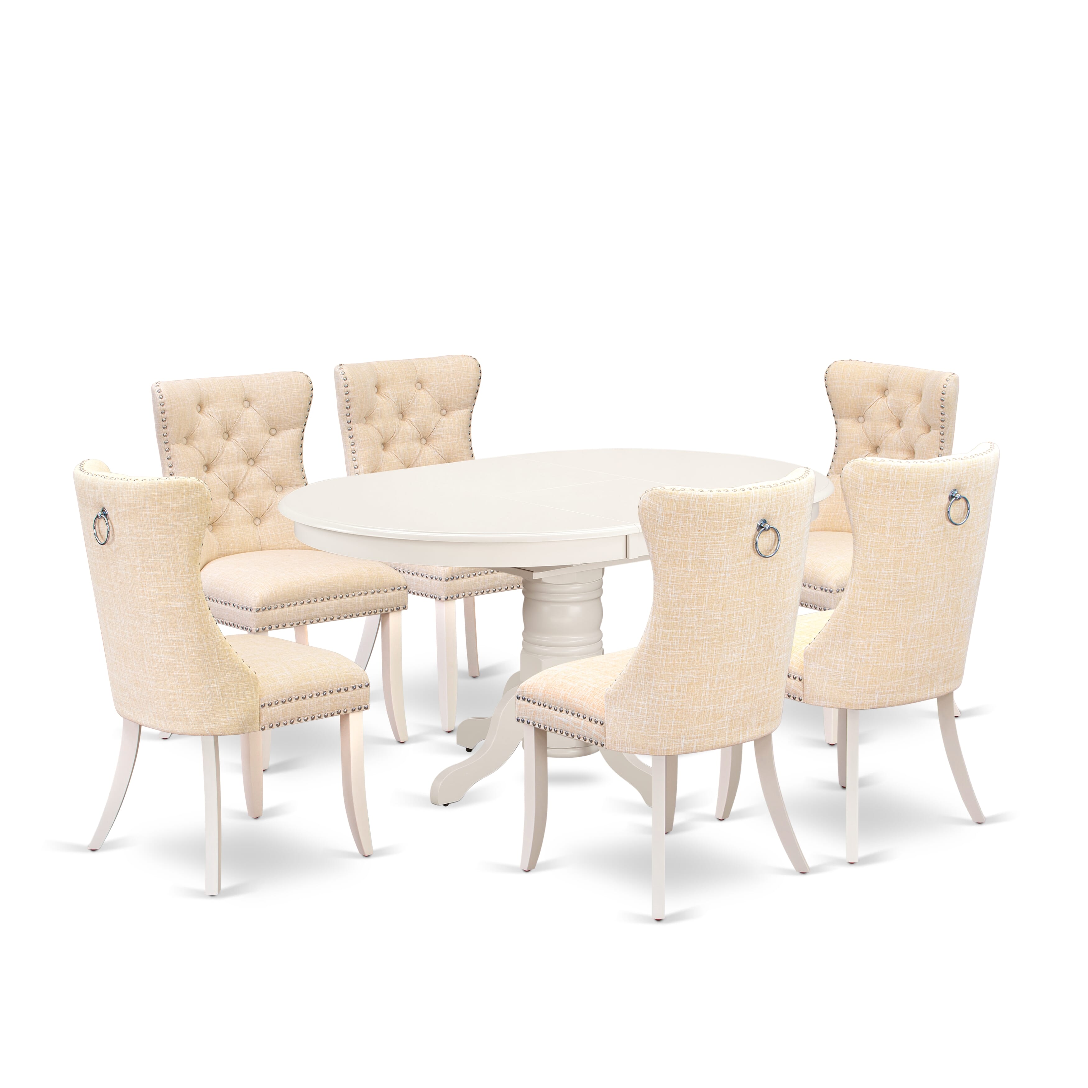 East West Furniture AVDA7-LWH-32 7 Piece Dining Table Set Includes an Oval Kitchen Table with Removable leaf and 6 Upholstered Chairs, 42x60 Inch, linen white