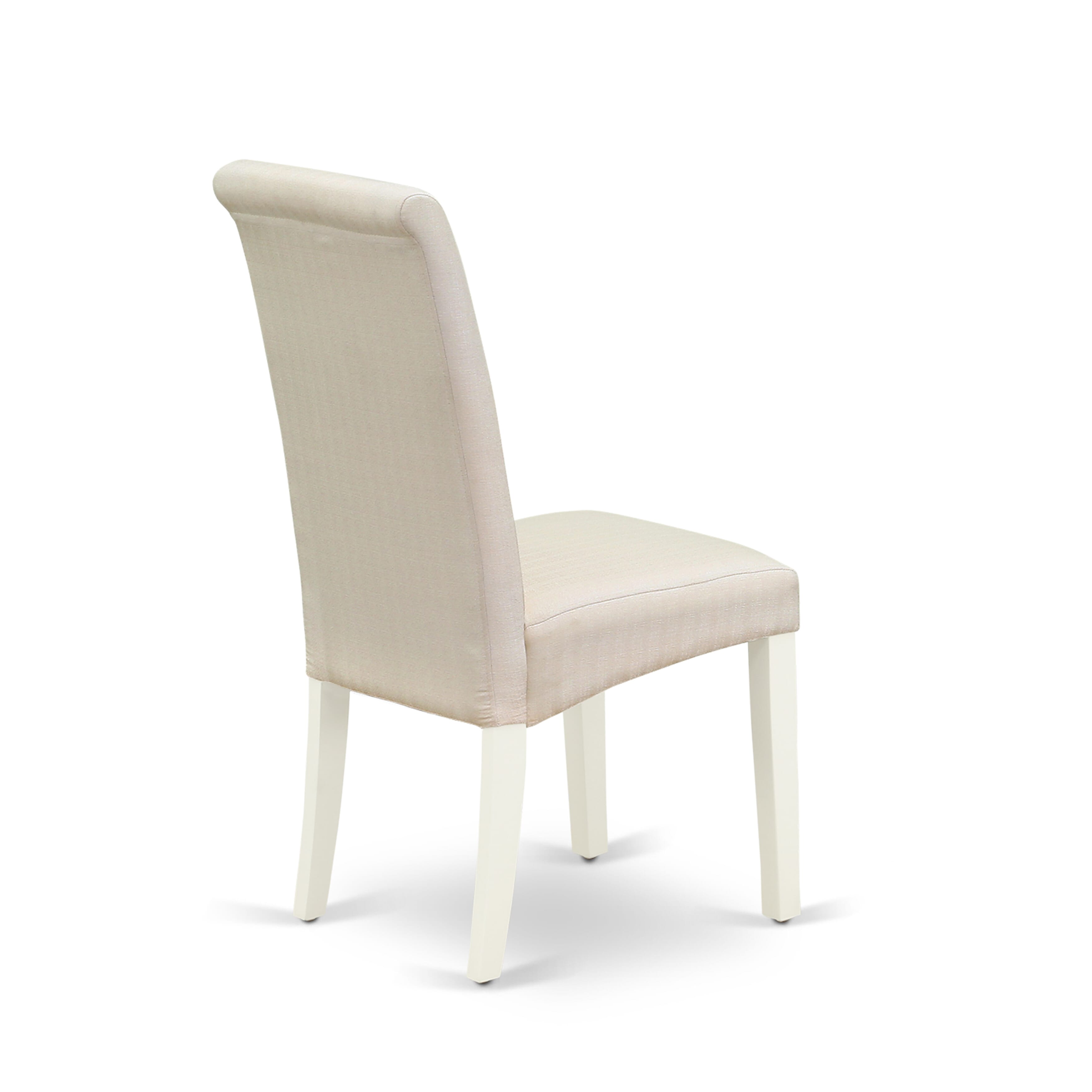 Juego de comedor de 5 piezas East West Furniture V027BA201-5. Incluye una mesa de comedor rectangular con patas en V y 4 sillas tapizadas en tela de lino color crema.