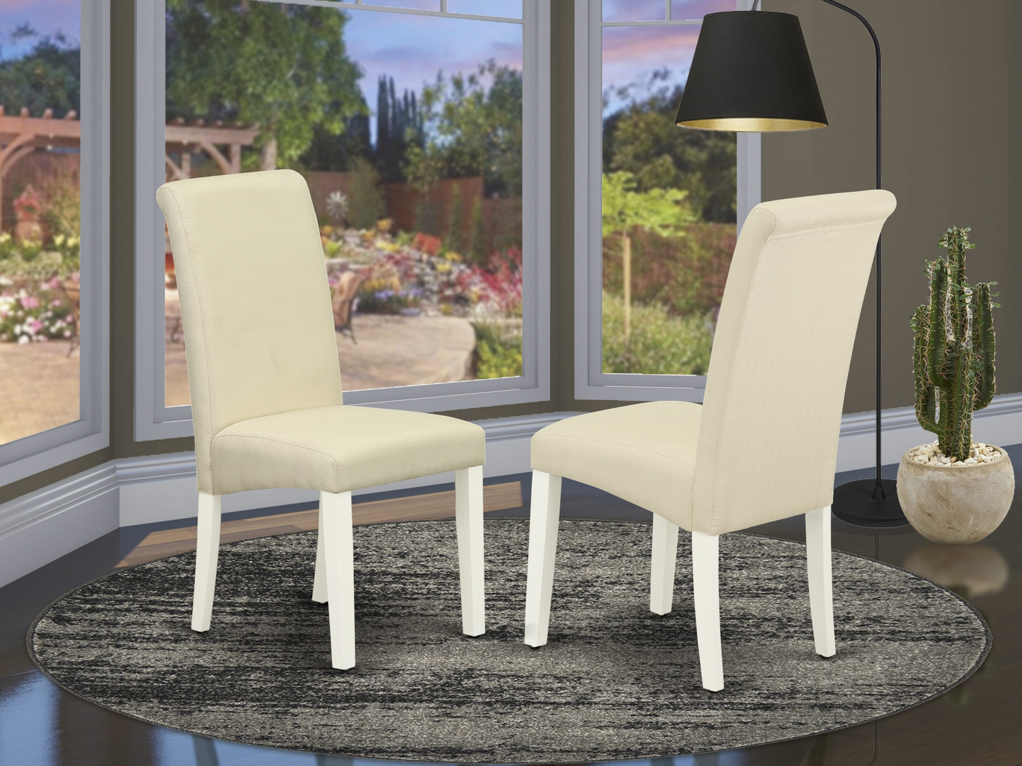 East West Furniture V076BA201-6 6-Piece Dining Room Table Set with Dining Table and Small Bench - 4 Linen Fabric Parson dining room chairs (linen white Finish)