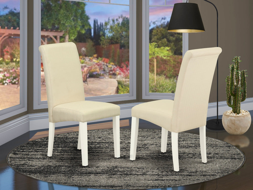 East West Furniture V076BA201-6 6-Piece Dining Room Table Set with Dining Table and Small Bench - 4 Linen Fabric Parson dining room chairs (linen white Finish)
