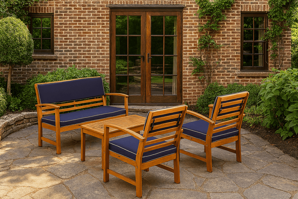 East West Furniture BCOSSNA 4 Piece Patio Bistro Sofa Set includes a Rectangle Outdoor Acacia Wood Bistro Table and All Weather Cushions